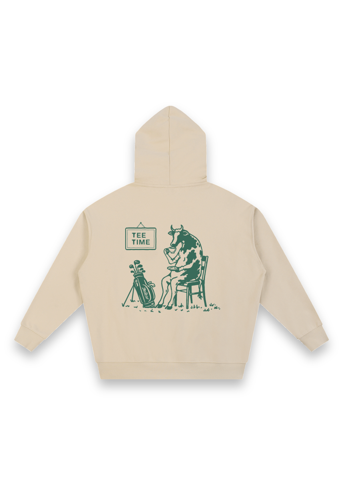 Tee Time golf hoodie in Sand, back view showing the cow having a cup of tea beside its clubs under the Tee Time sign #Colour_Sand