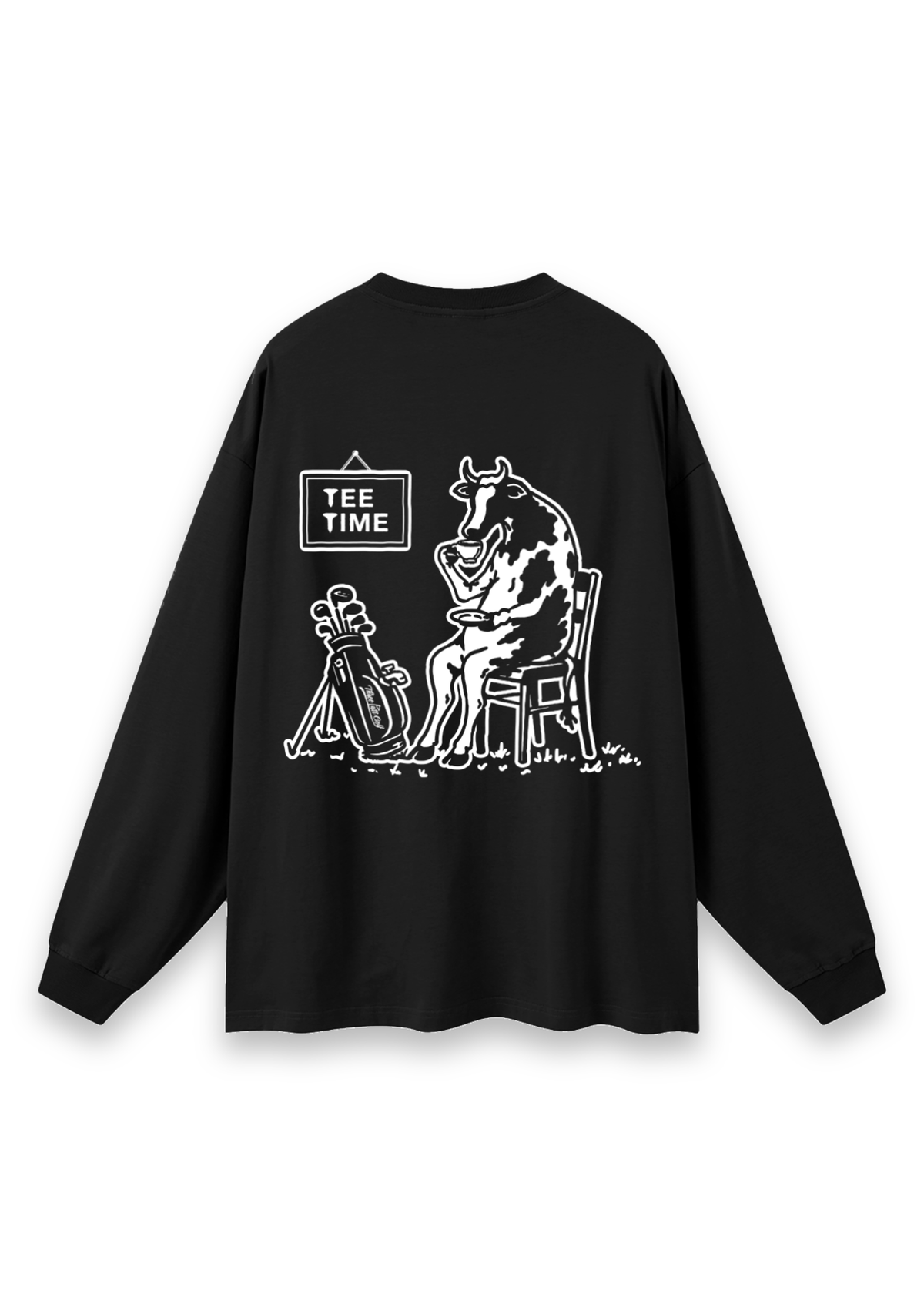 Tee Time golf long-sleeve tee in Black, back view showing the cow having a cup of tea beside its clubs under the Tee Time sign #Colour_Black