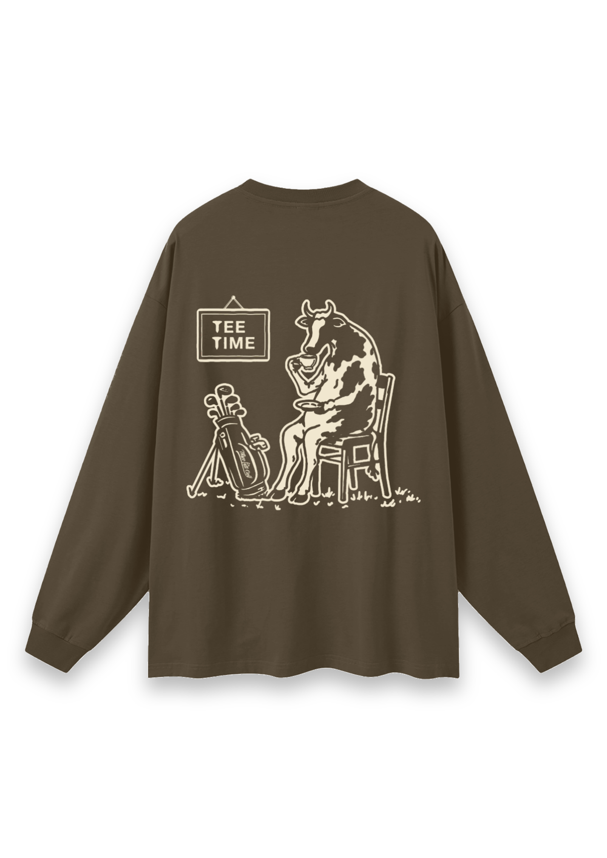 Tee Time golf long-sleeve tee in Brown, back view showing the cow having a cup of tea beside its clubs under the Tee Time sign #Colour_Brown