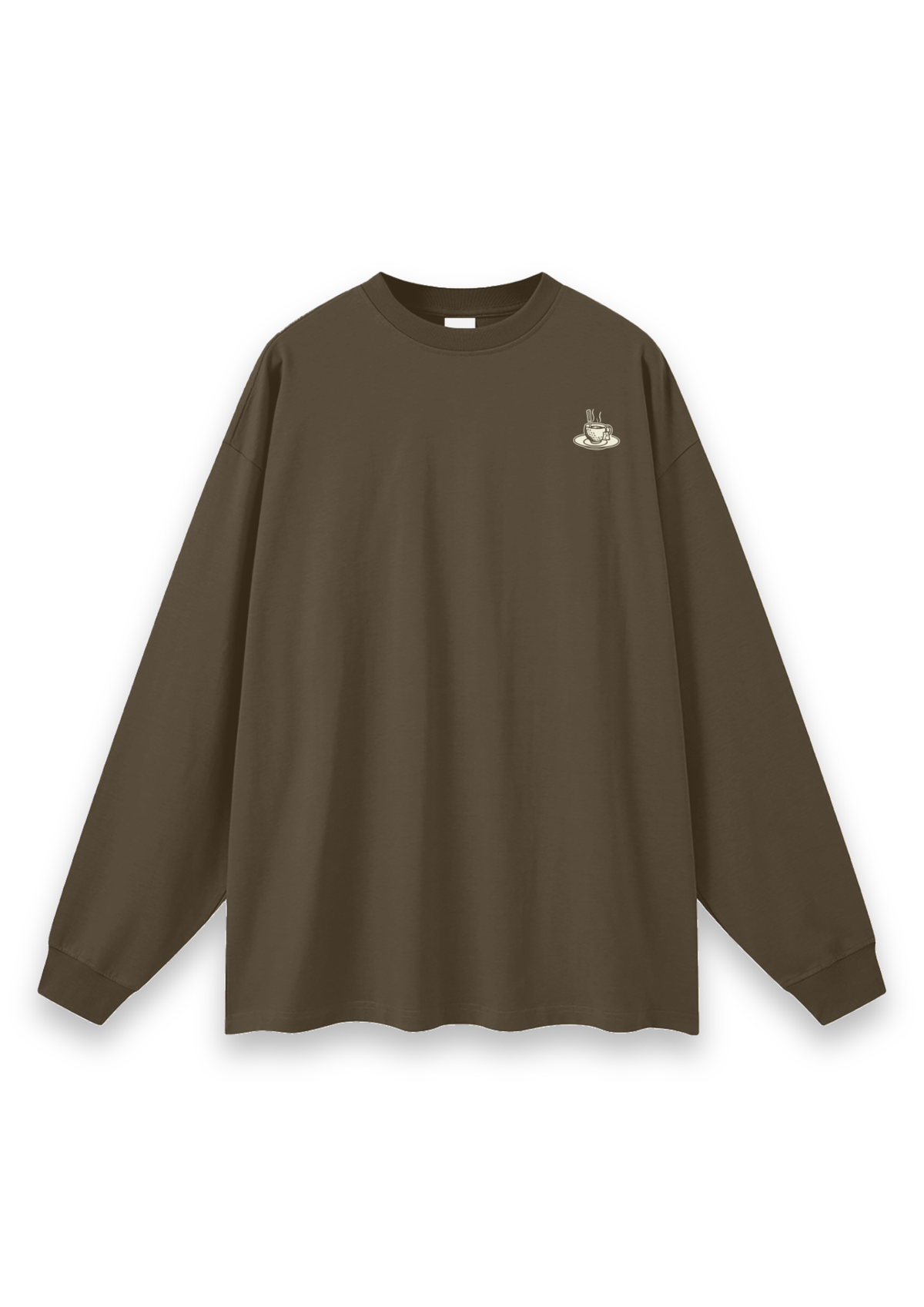 Tee Time golf long-sleeve tee in Brown, front view with the teacup print on the chest #Colour_Brown