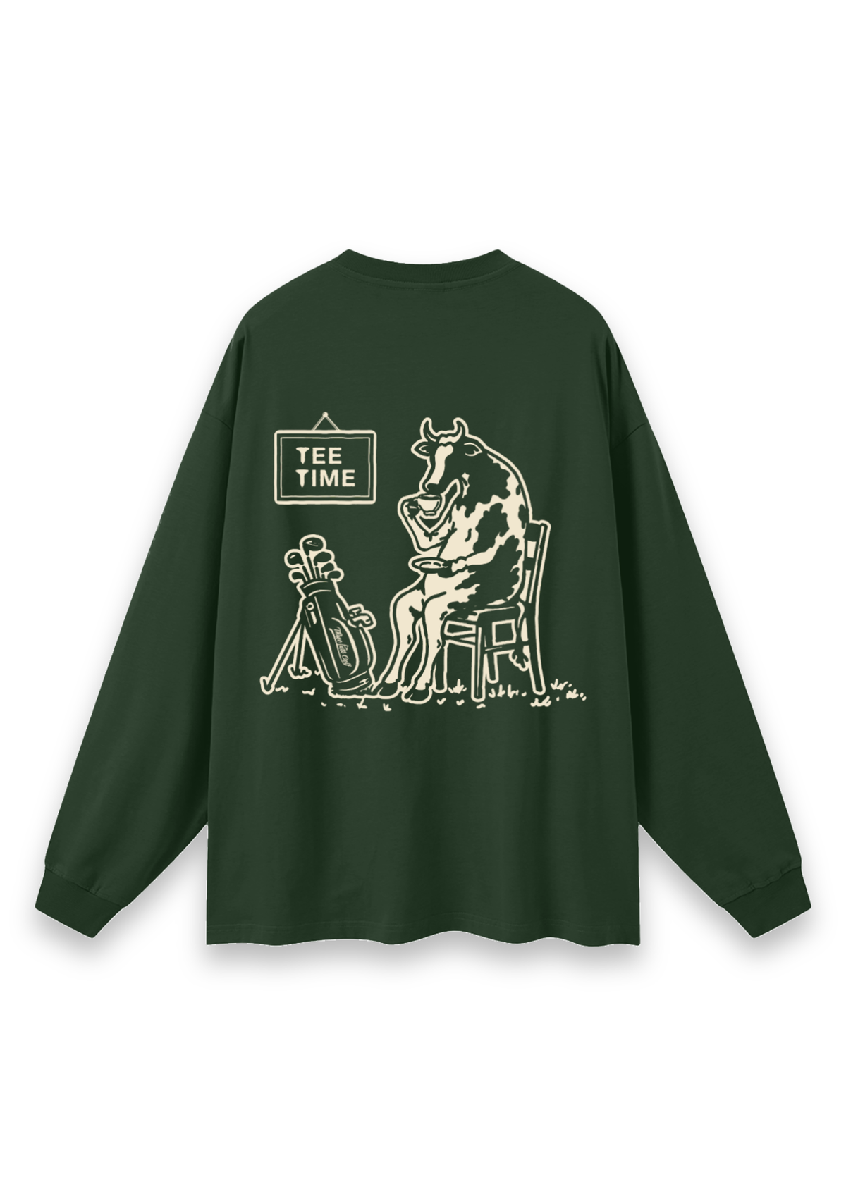 Tee Time golf long-sleeve tee in Forest Green, back view showing the cow having a cup of tea beside its clubs under the Tee Time sign #Colour_Forest Green