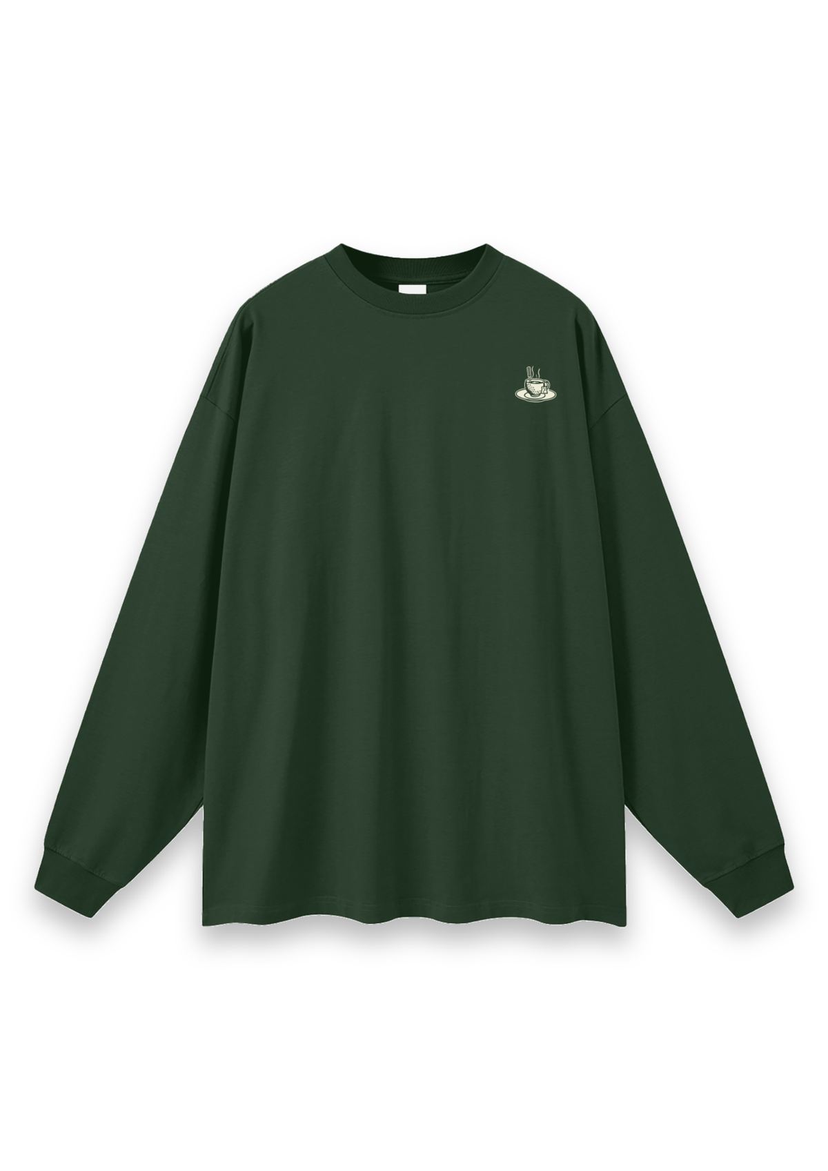 Tee Time golf long-sleeve tee in Forest Green, front view with the teacup print on the chest #Colour_Forest Green