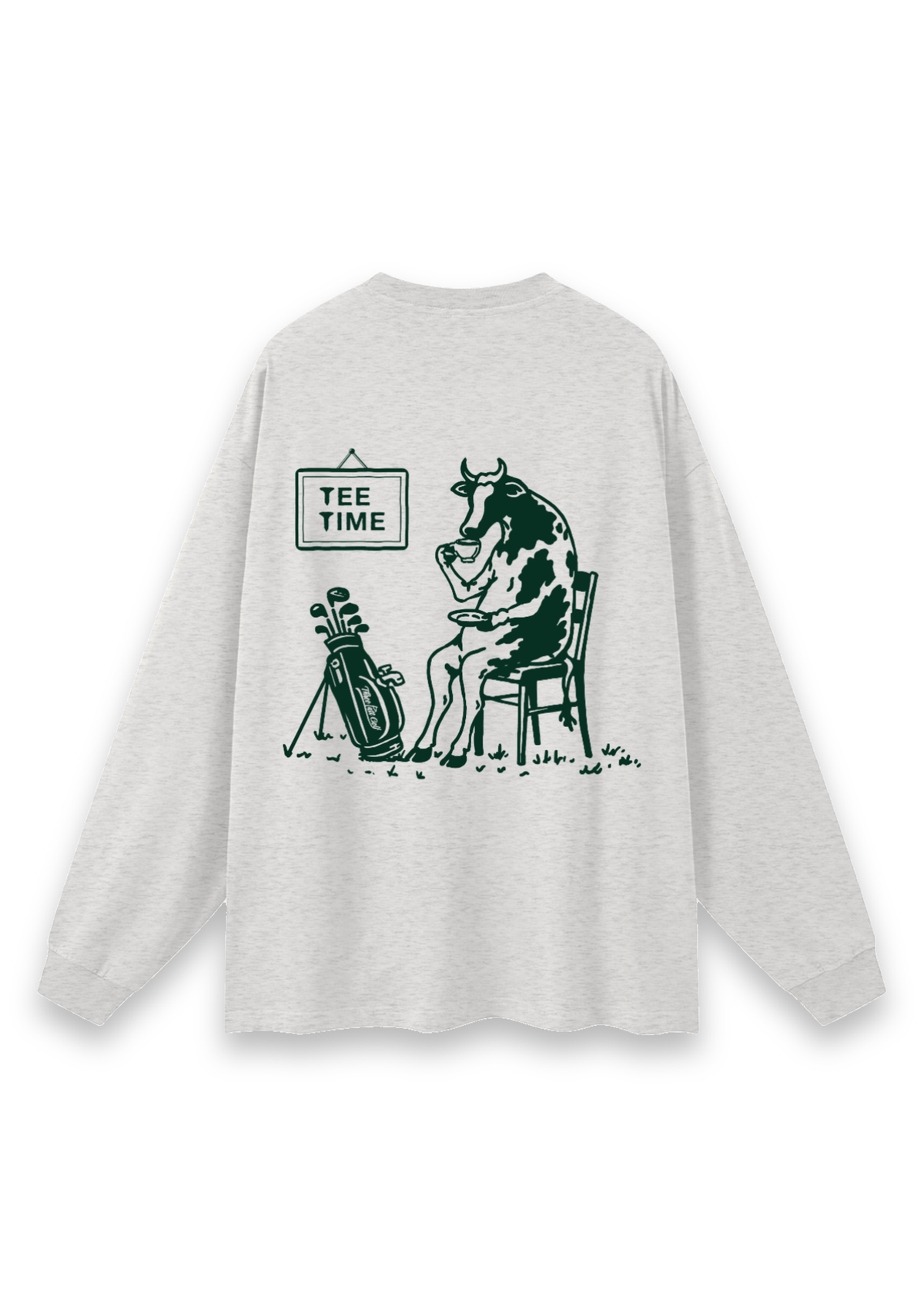 Tee Time golf long-sleeve tee in Oatmeal, back view showing the cow having a cup of tea beside its clubs under the Tee Time sign #Colour_Oatmeal