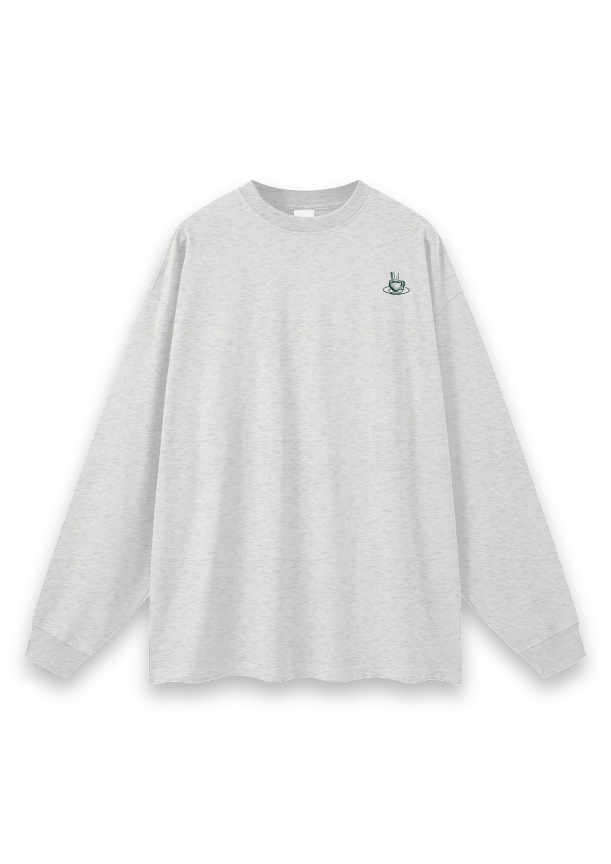 Tee Time golf long-sleeve tee in Oatmeal, front view with the teacup print on the chest #Colour_Oatmeal