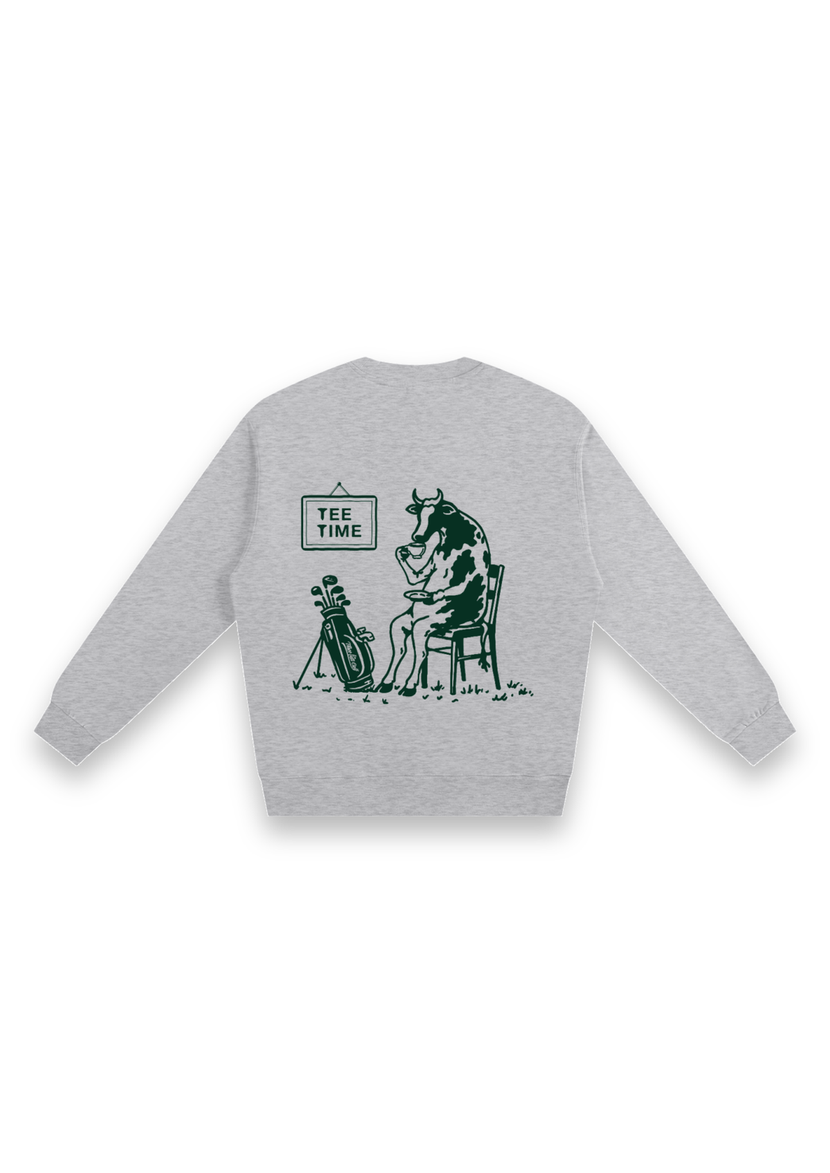 Tee Time golf sweatshirt in Grey Marl, back view showing the cow having a cup of tea beside its clubs under the Tee Time sign #Colour_Grey Marl
