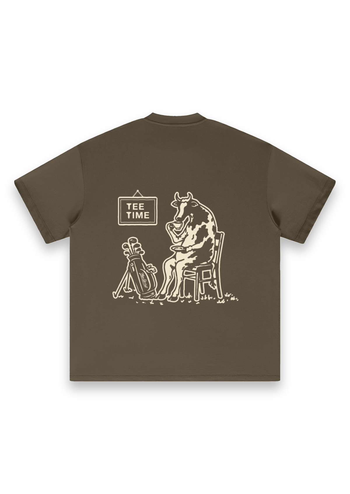 Tee Time golf T-shirt in Brown, back view showing the cow having a cup of tea beside its clubs under the Tee Time sign #Colour_Brown