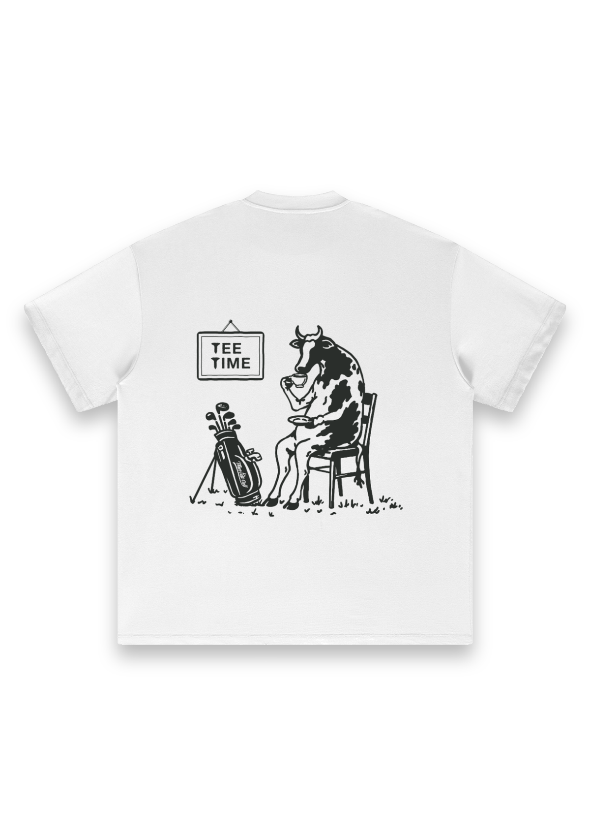 Tee Time golf T-shirt in White, back view showing the cow having a cup of tea beside its clubs under the Tee Time sign #Colour_White