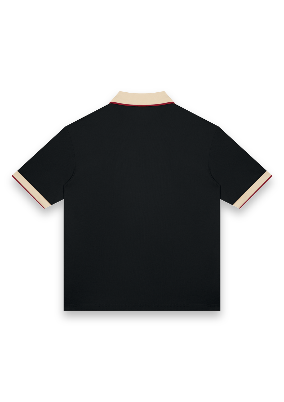 The Caddie retro golf polo shirt in Black with Cream, back view showing the tipped collar and cuffs #Colour_Black with Cream