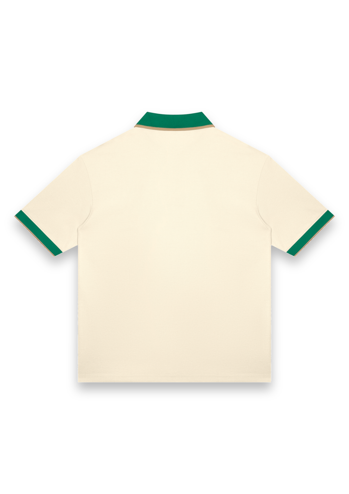 The Caddie retro golf polo shirt in Cream with Green, back view showing the tipped collar and cuffs #Colour_Cream with Green
