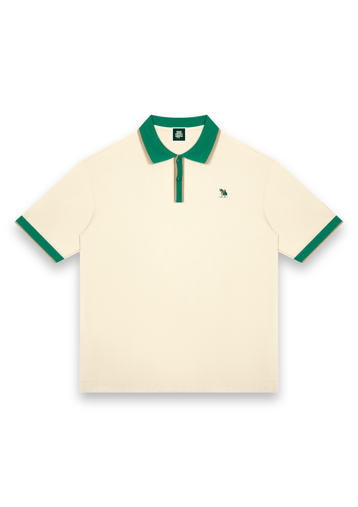 The Caddie retro golf polo shirt in Cream with Green, front view with green tipping on the collar, placket and cuffs and the Three Putt cow carrying its golf bag on the chest #Colour_Cream with Green