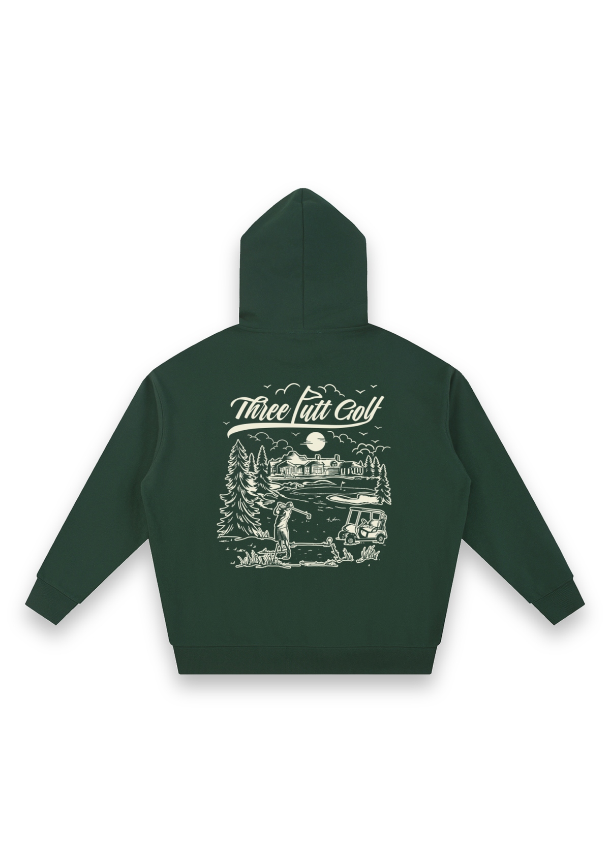 The Scenic Route golf hoodie in Forest Green, back view showing the hand-drawn golf course scene #Colour_Forest Green