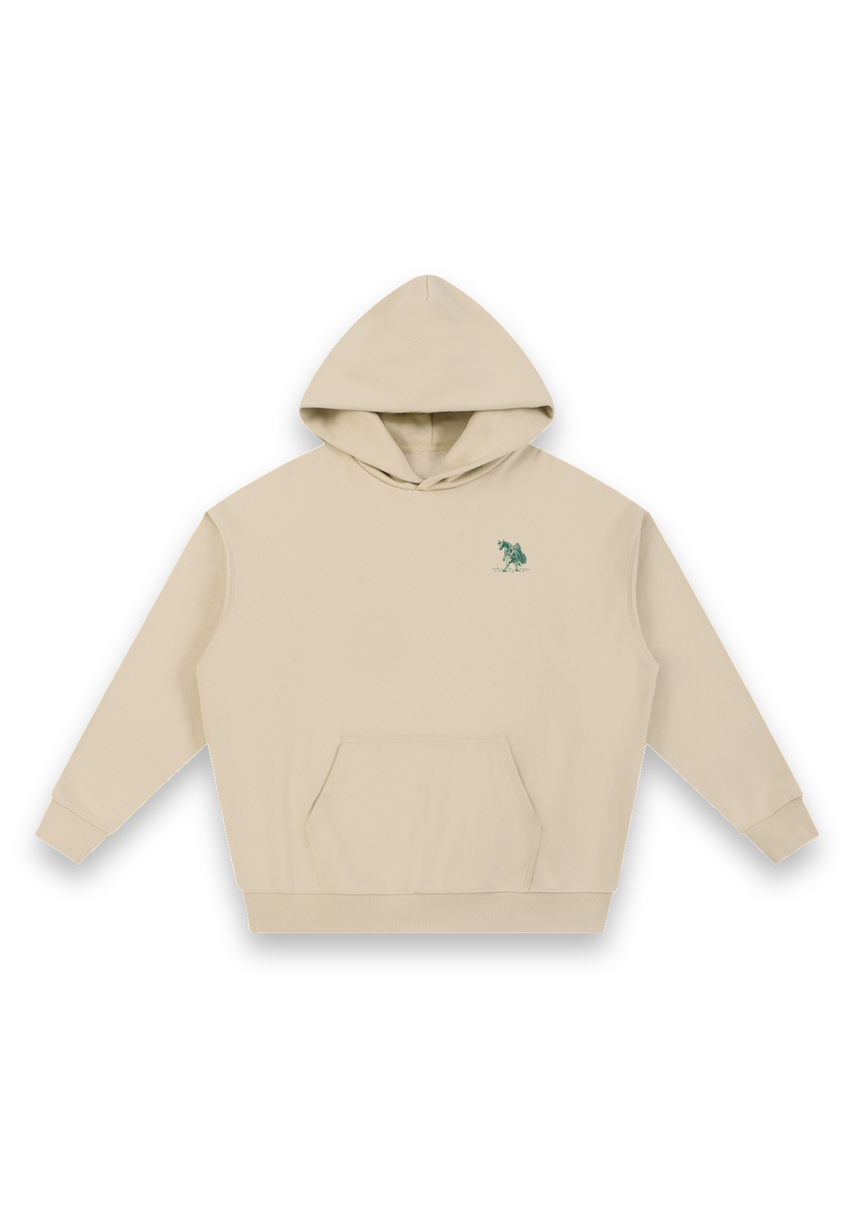 The Scenic Route golf hoodie in Sand, front view with the cow-and-golf-bag chest print #Colour_Sand