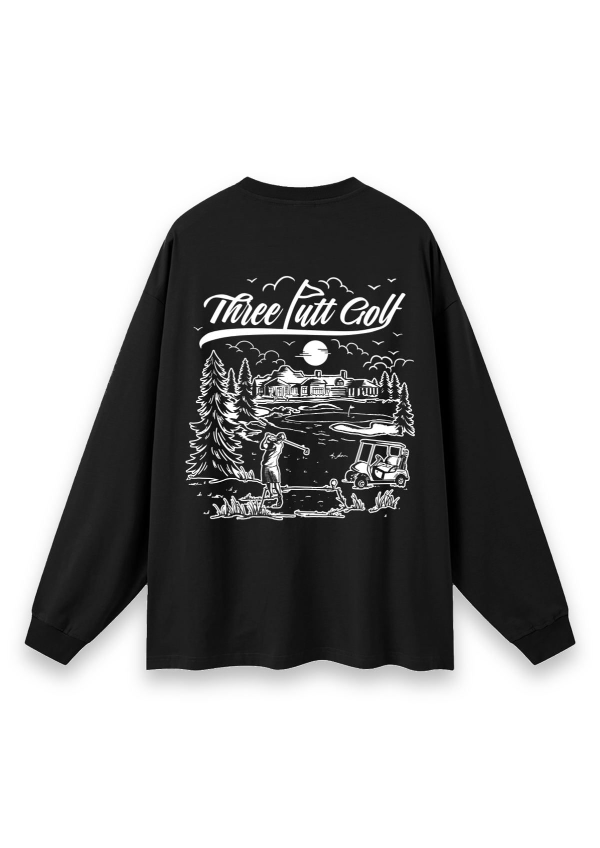 The Scenic Route golf long-sleeve tee in Black, back view showing the hand-drawn golf course scene #Colour_Black