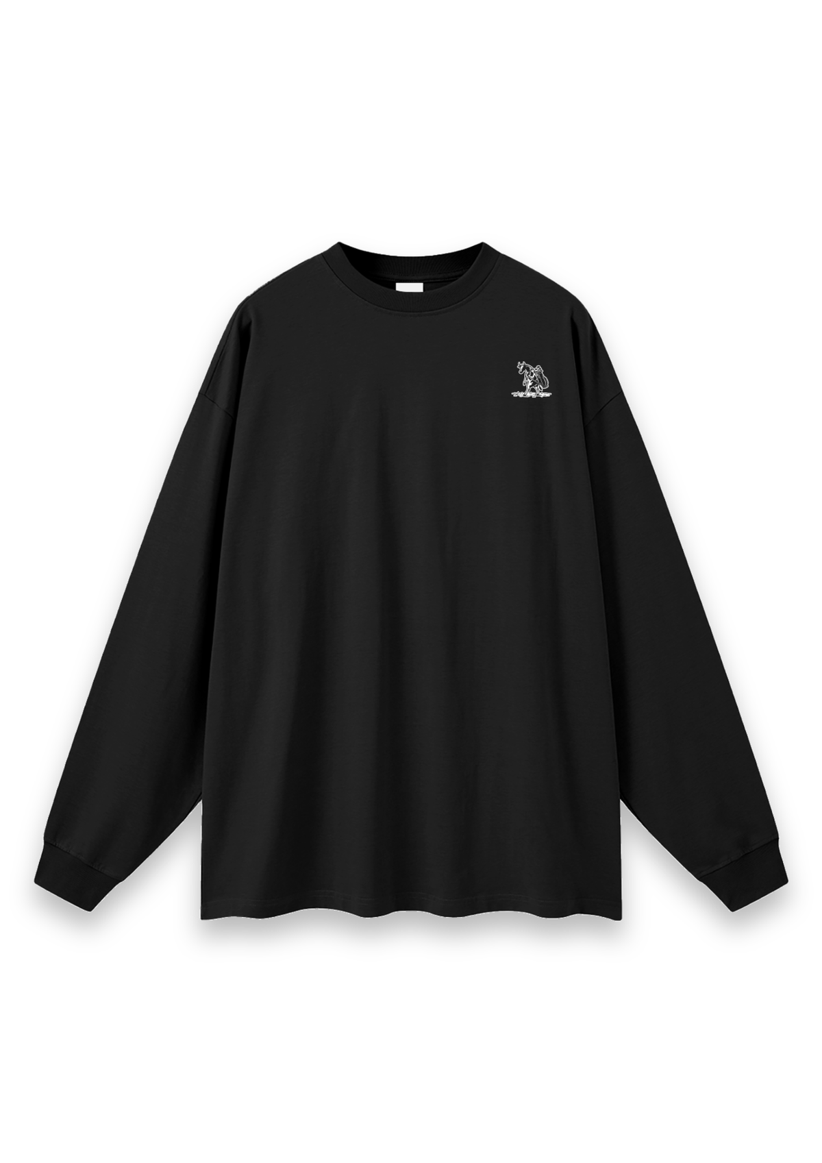 The Scenic Route golf long-sleeve tee in Black, front view with the cow-and-golf-bag chest print #Colour_Black