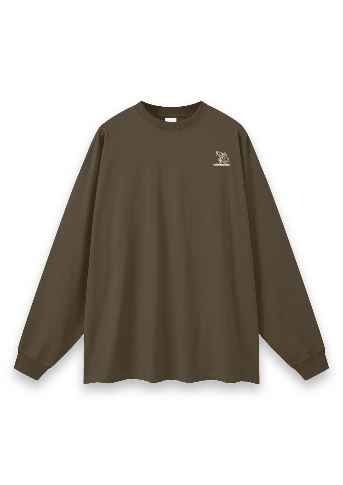 The Scenic Route golf long-sleeve tee in Brown, front view with the cow-and-golf-bag chest print #Colour_Brown