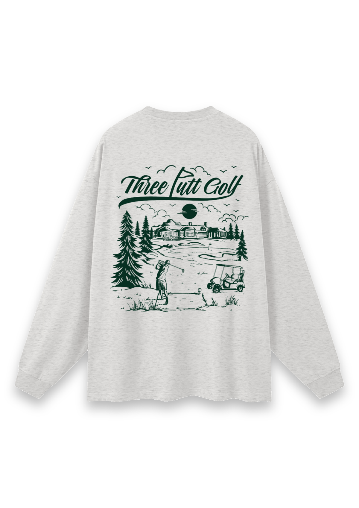 The Scenic Route golf long-sleeve tee in Oatmeal, back view showing the hand-drawn golf course scene #Colour_Oatmeal