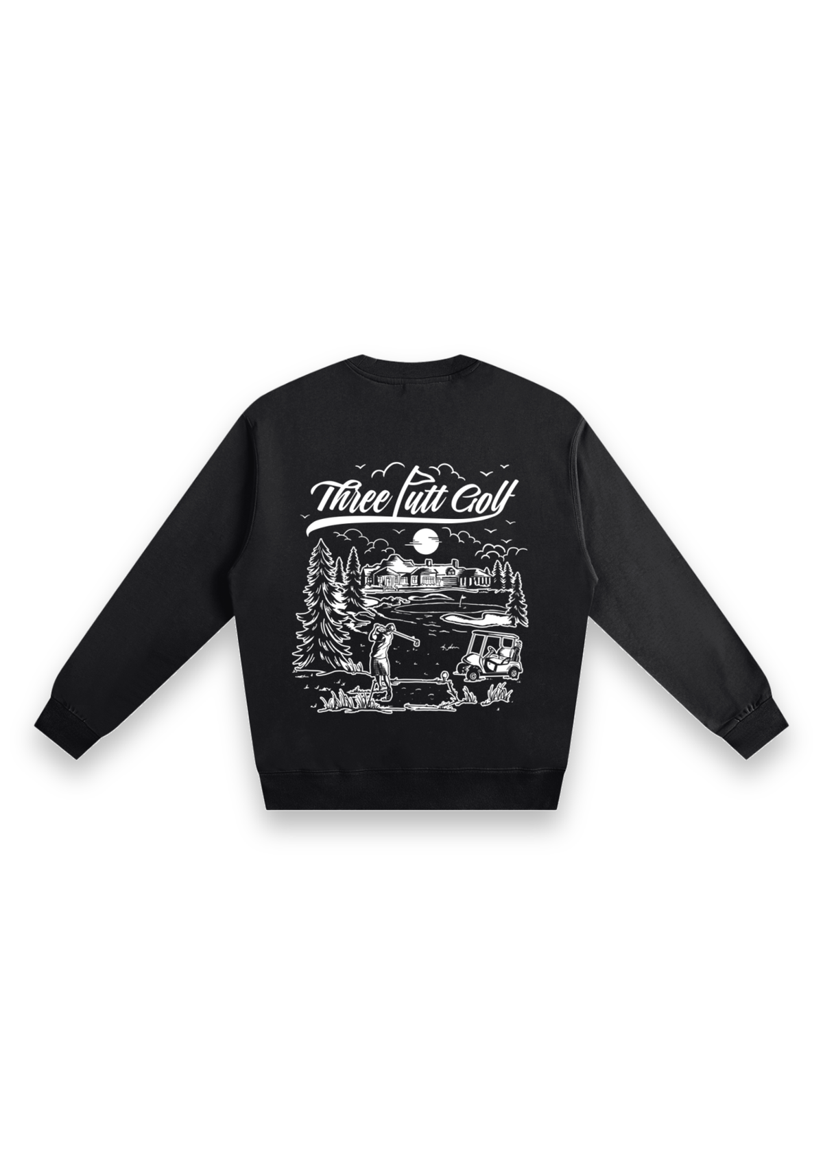The Scenic Route golf sweatshirt in Black, back view showing the hand-drawn golf course scene #Colour_Black
