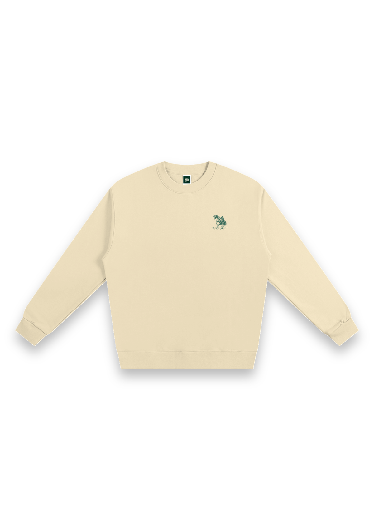 The Scenic Route golf sweatshirt in Cream, front view with the cow-and-golf-bag chest print #Colour_Cream
