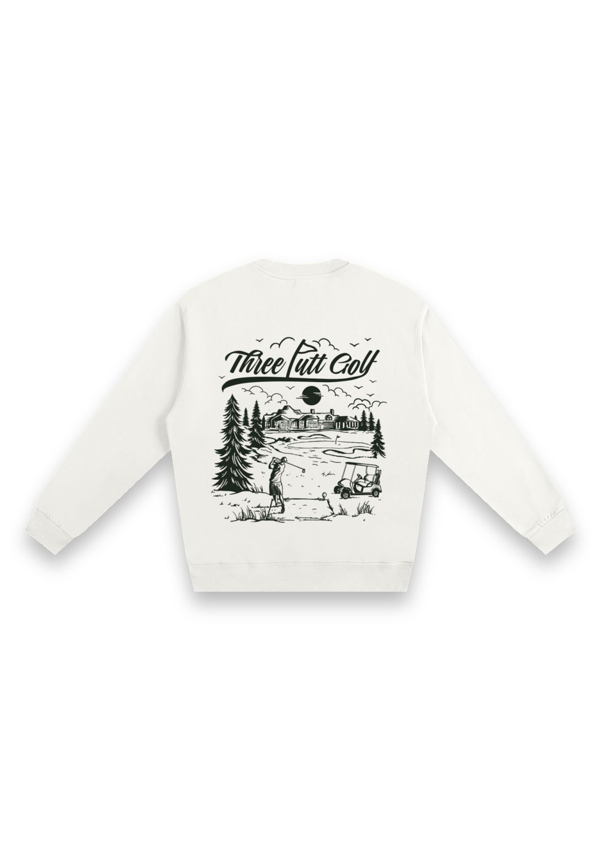 The Scenic Route golf sweatshirt in Off-White, back view showing the hand-drawn golf course scene #Colour_Off-White