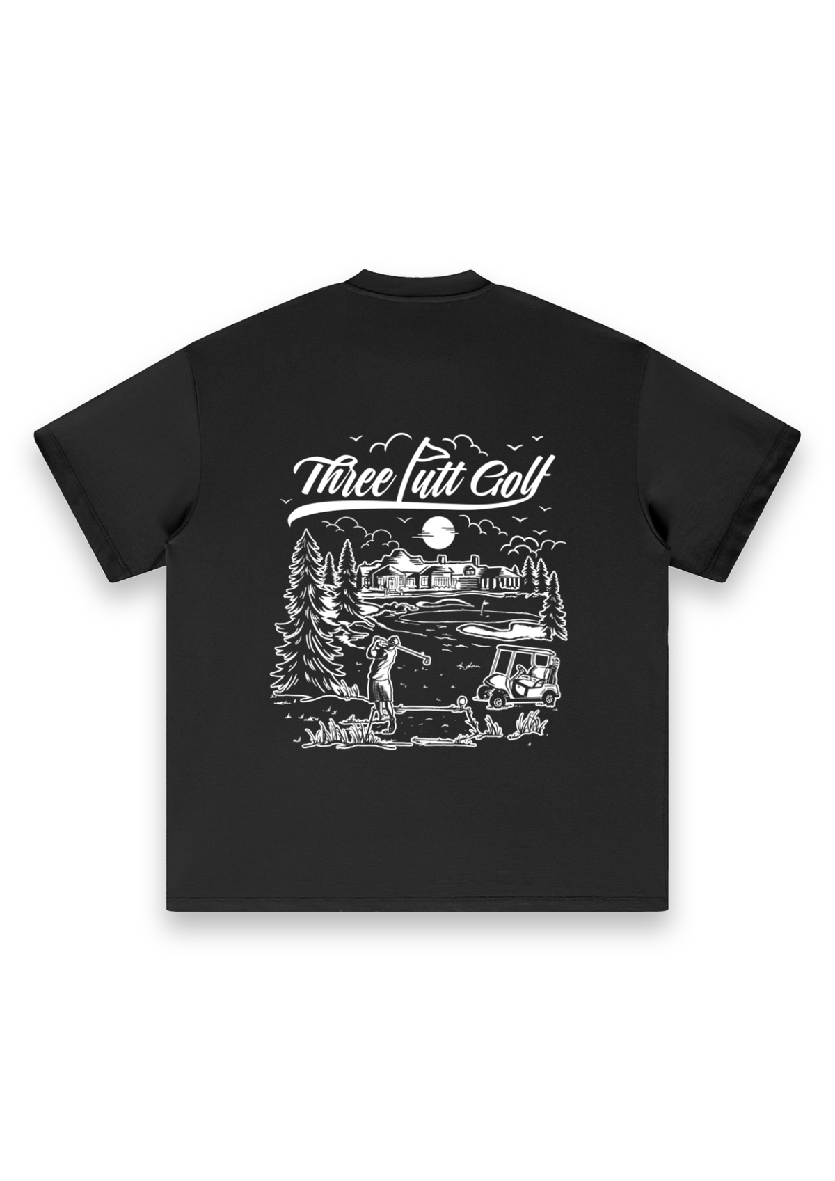 The Scenic Route golf T-shirt in Black, back view showing the hand-drawn golf course scene #Colour_Black