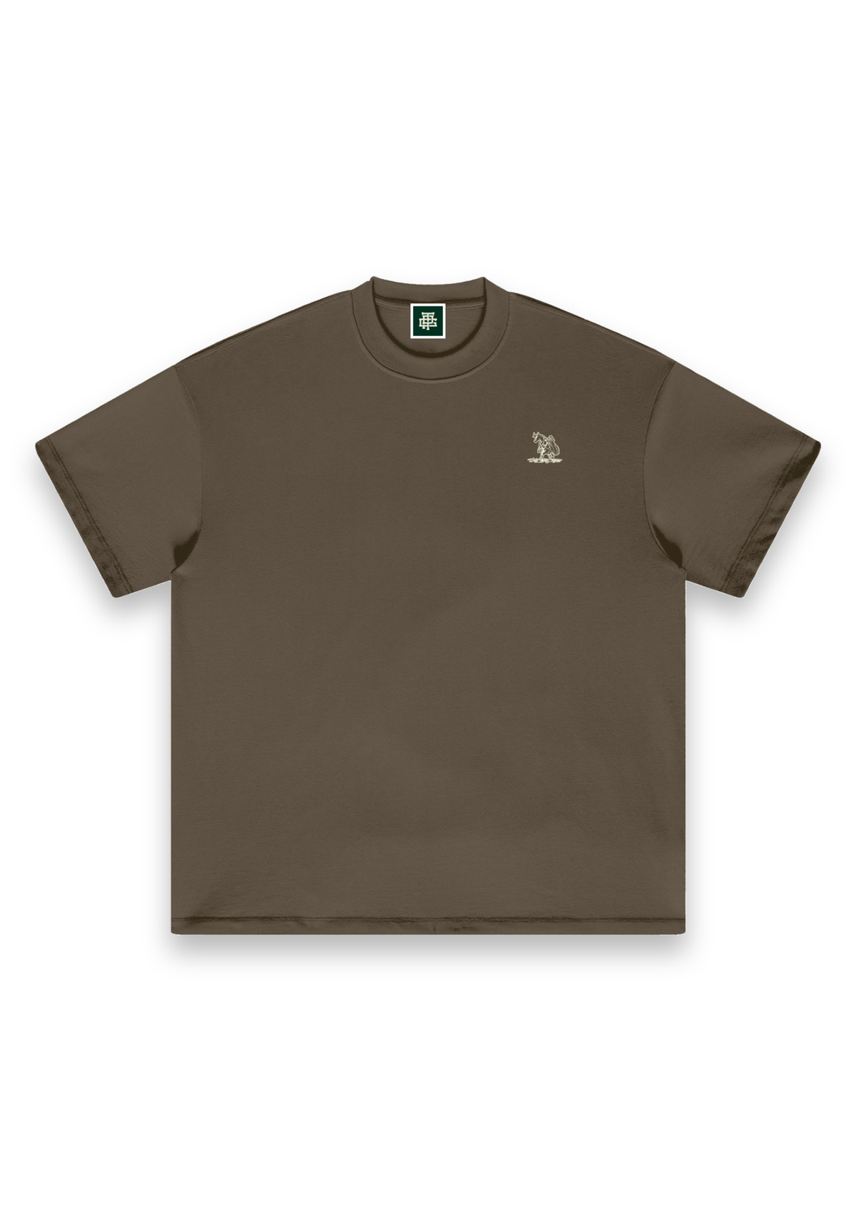 The Scenic Route golf T-shirt in Brown, front view with the cow-and-golf-bag chest print #Colour_Brown