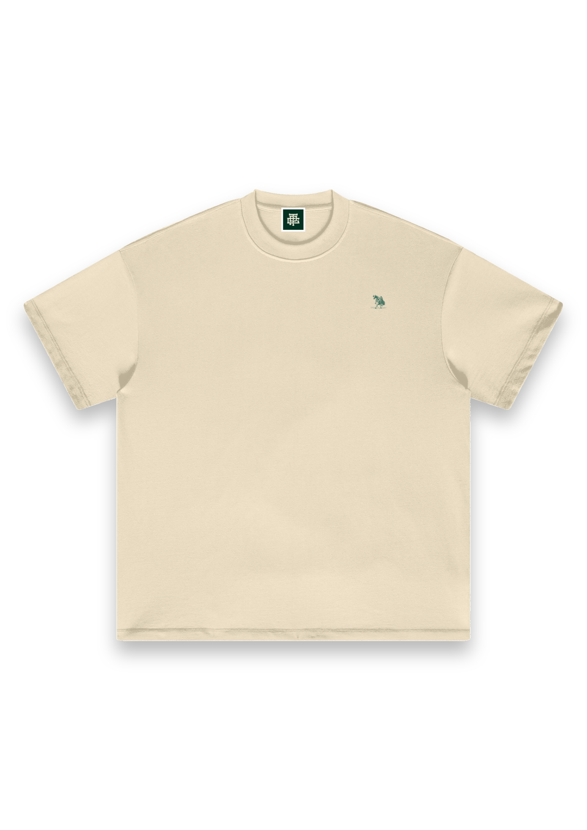 The Scenic Route golf T-shirt in Cream, front view with the cow-and-golf-bag chest print #Colour_Cream