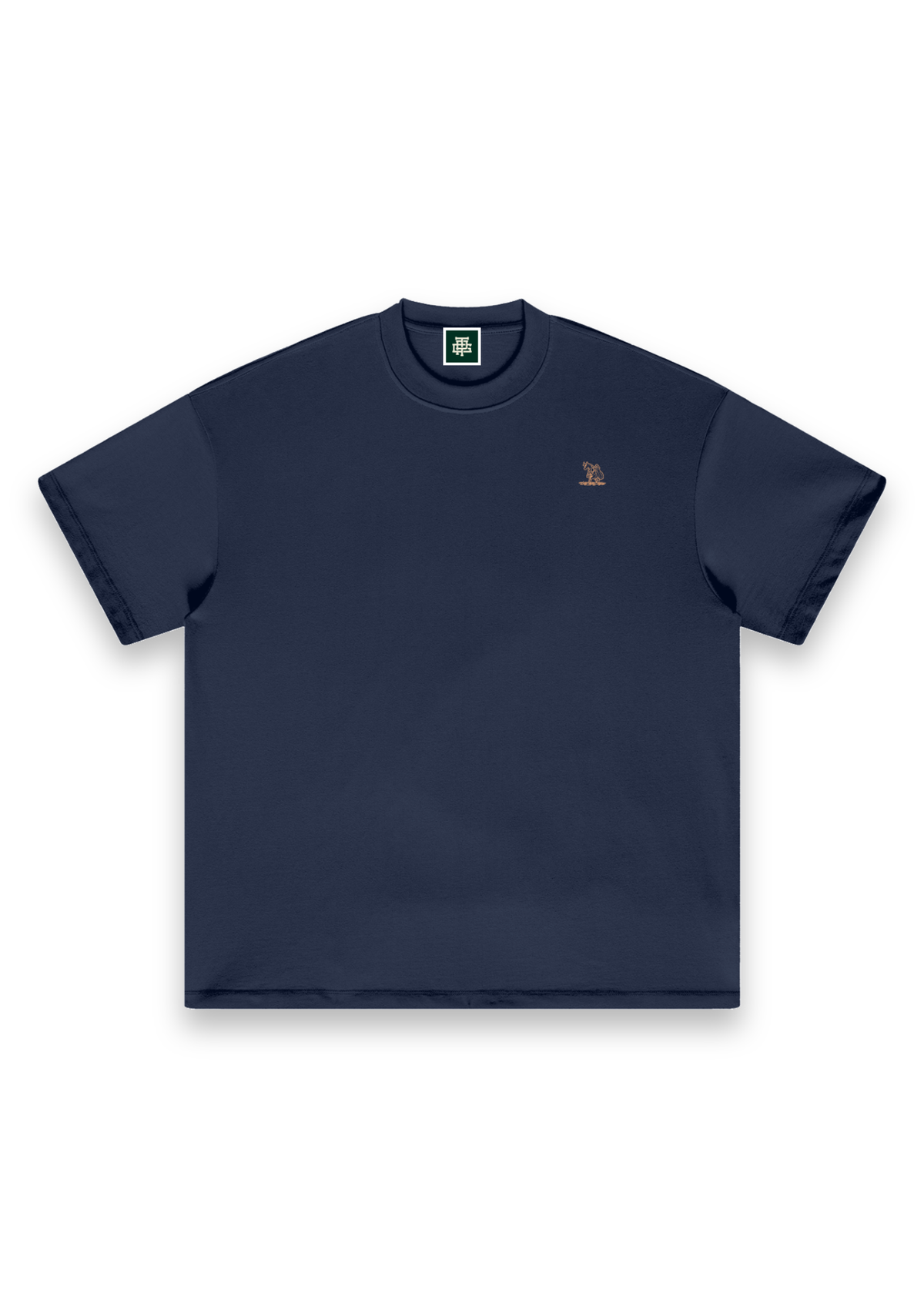 The Scenic Route golf T-shirt in Navy, front view with the cow-and-golf-bag chest print #Colour_Navy