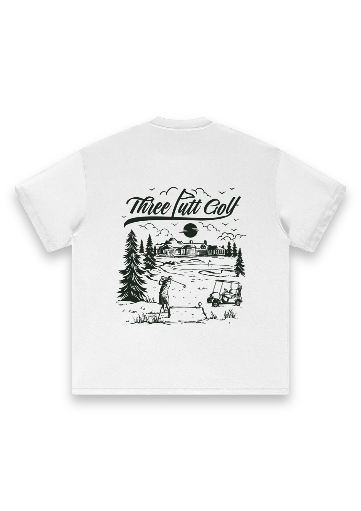 The Scenic Route golf T-shirt in White, back view showing the hand-drawn golf course scene #Colour_White