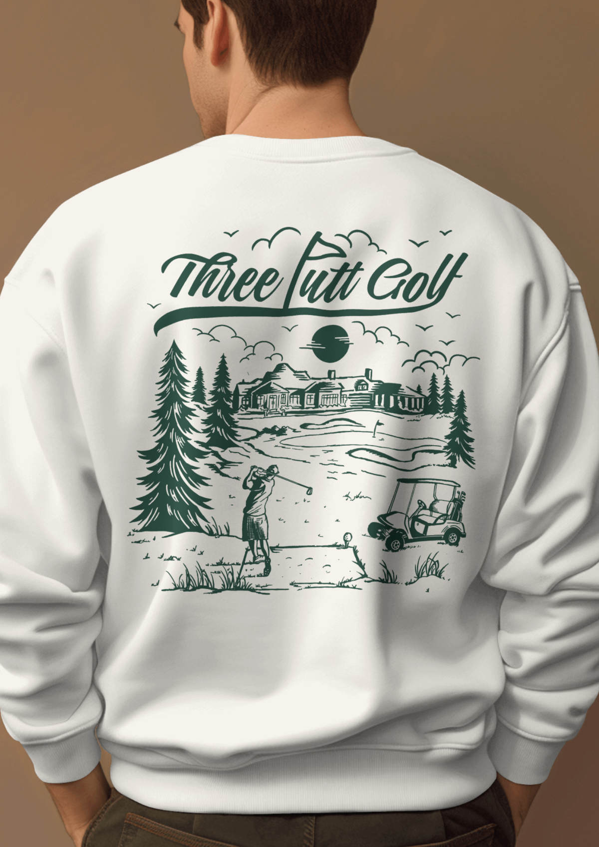 Back of The Scenic Route golf sweatshirt in Off-White, showing the hand-drawn course vista and Three Putt Golf script