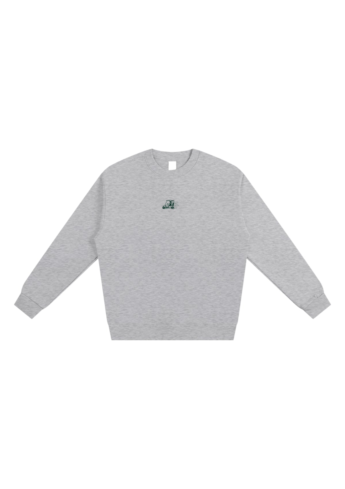 Reckless Driving golf sweatshirt in Grey Marl, front view with the cow driving a golf cart printed on the chest