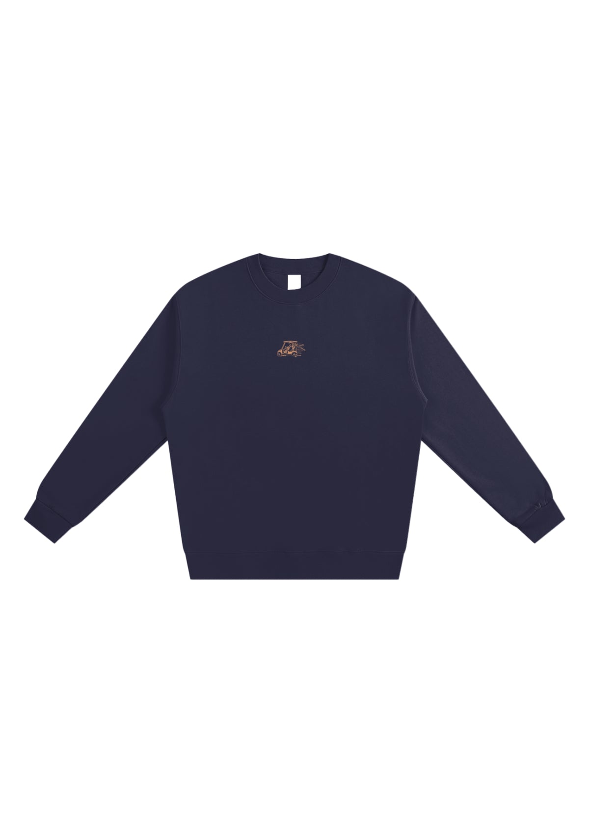 Reckless Driving golf sweatshirt in Navy, front view with the cow driving a golf cart printed on the chest