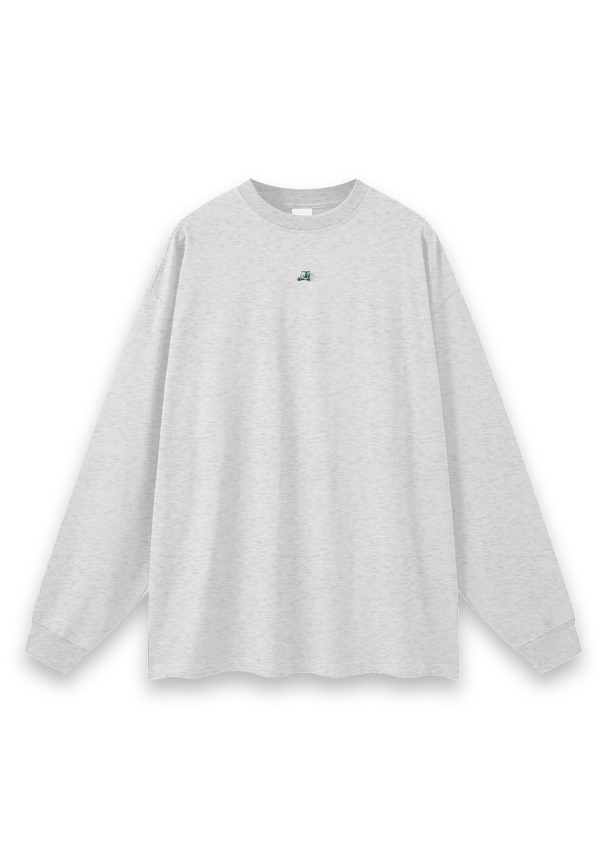 Reckless Driving golf long-sleeve tee in Oatmeal, front view with the cow driving a golf cart printed on the chest