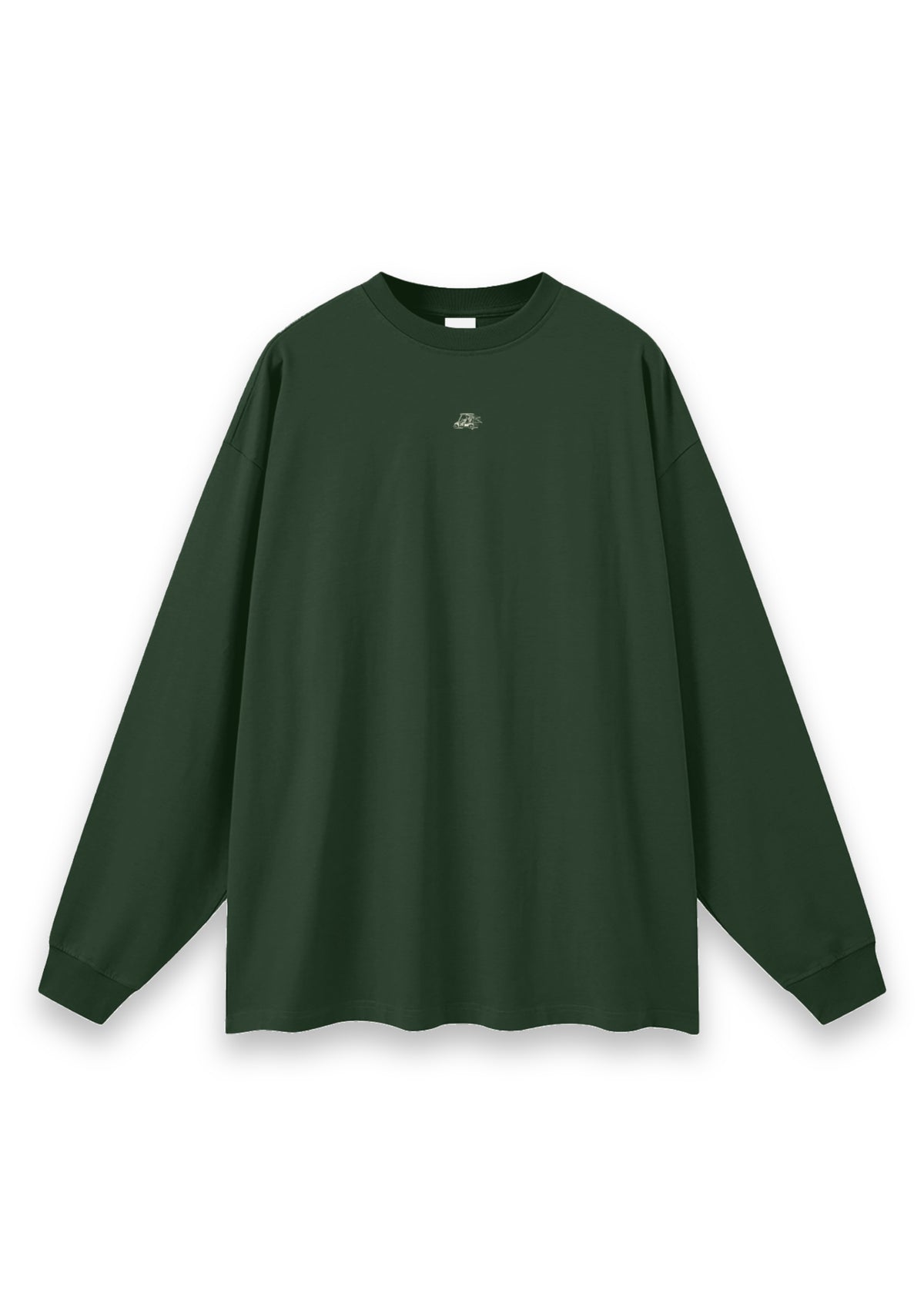 Reckless Driving golf long-sleeve tee in Forest Green, front view with the cow driving a golf cart printed on the chest