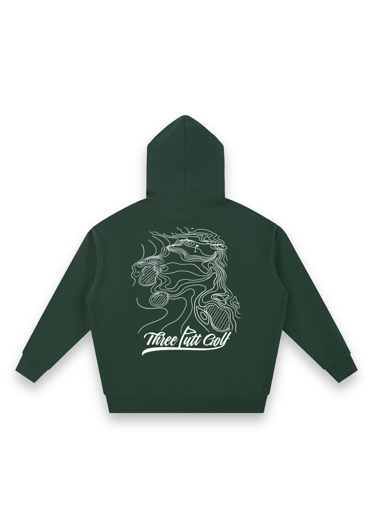 Contours golf hoodie in Forest Green, back view showing the topographic map print #Colour_Forest Green