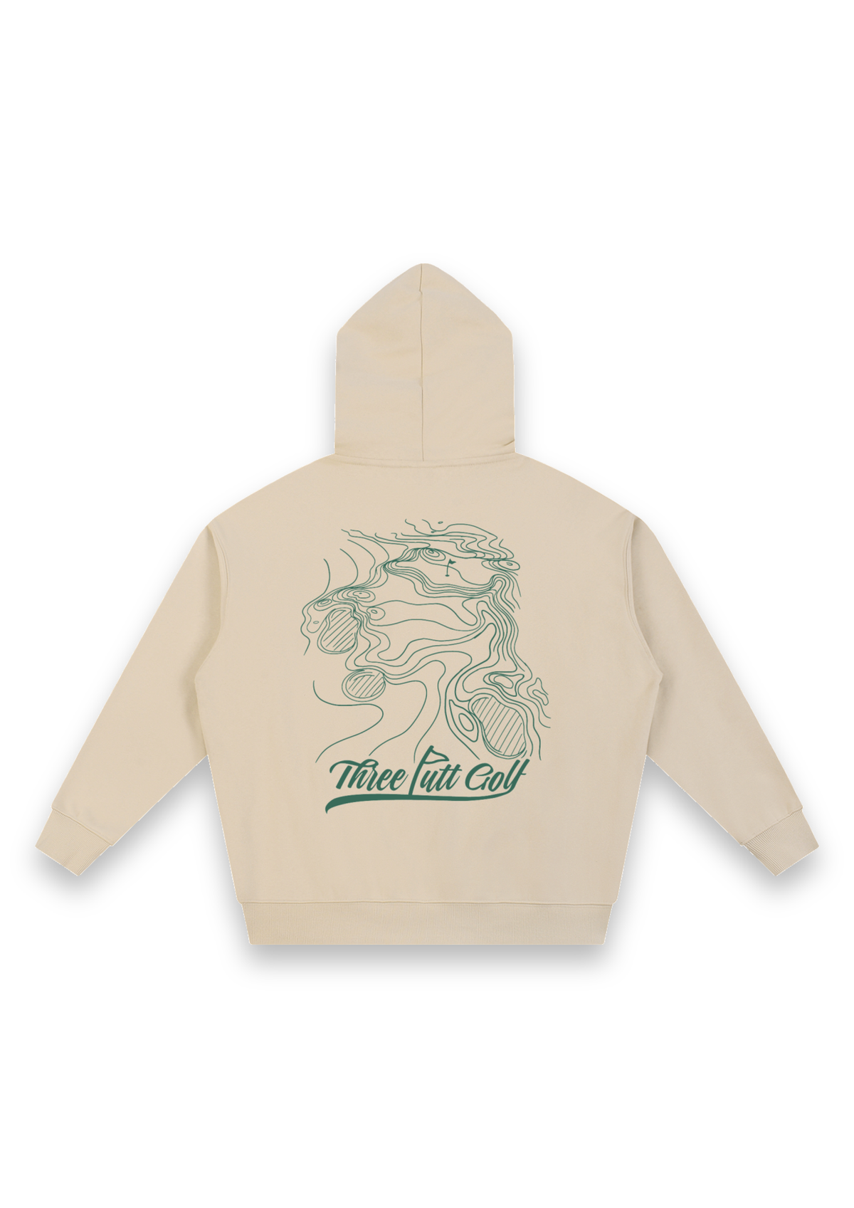 Contours golf hoodie in Sand, back view showing the topographic map print #Colour_Sand