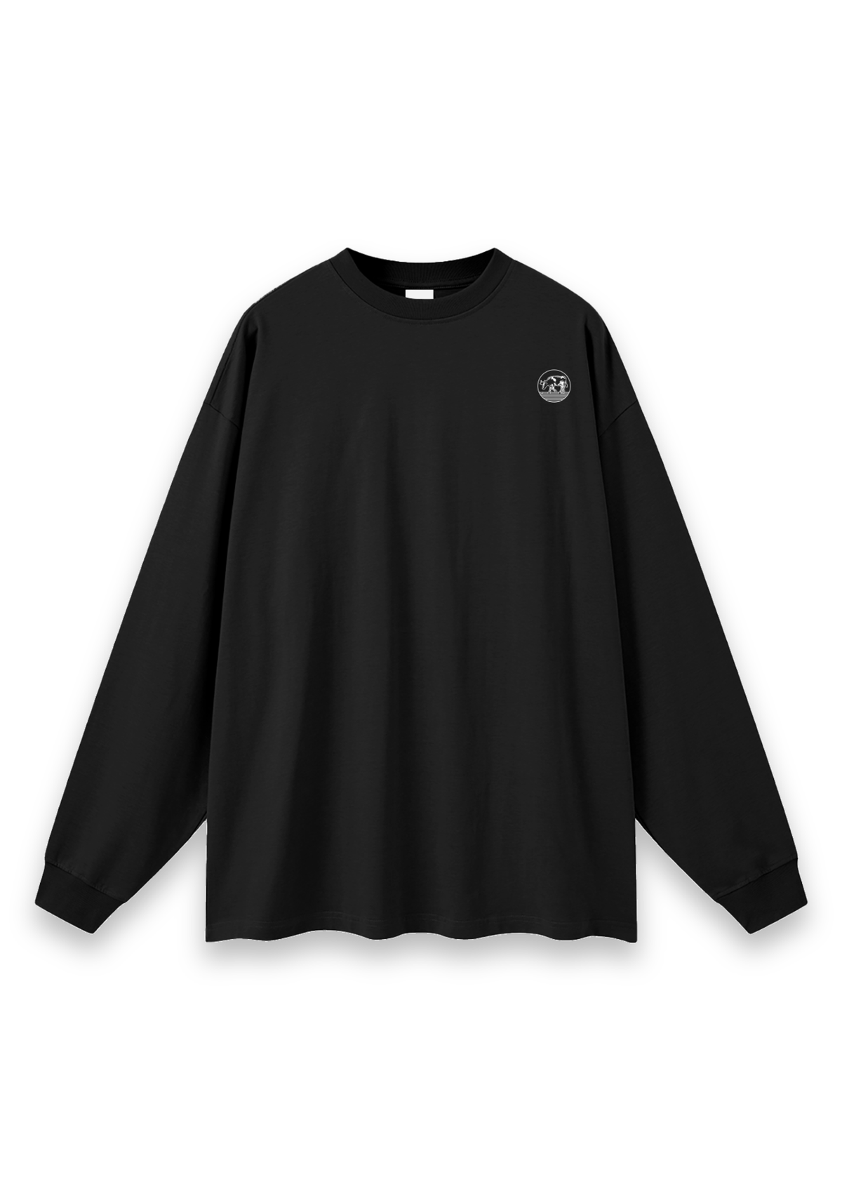Contours golf long-sleeve tee in Black, front view with the round cow badge on the chest #Colour_Black