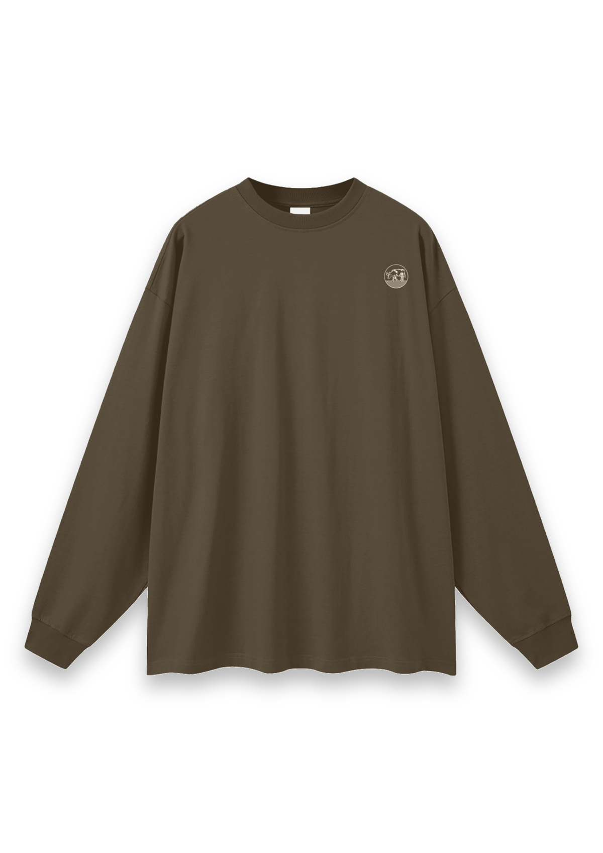 Contours golf long-sleeve tee in Brown, front view with the round cow badge on the chest #Colour_Brown