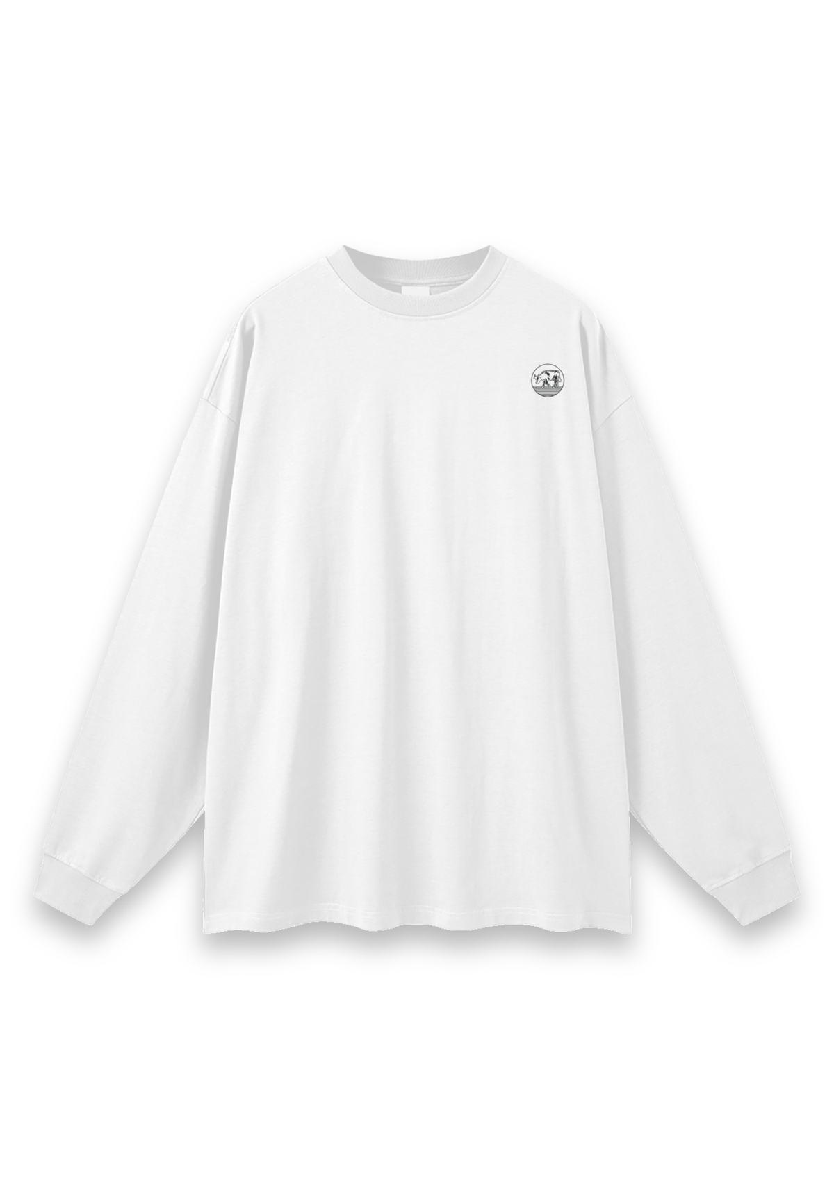 Contours golf long-sleeve tee in White, front view with the round cow badge on the chest #Colour_White