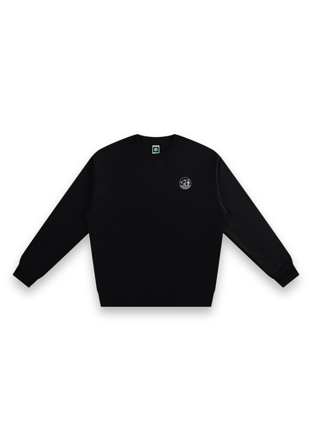 Contours golf sweatshirt in Black, front view with the round cow badge on the chest #Colour_Black