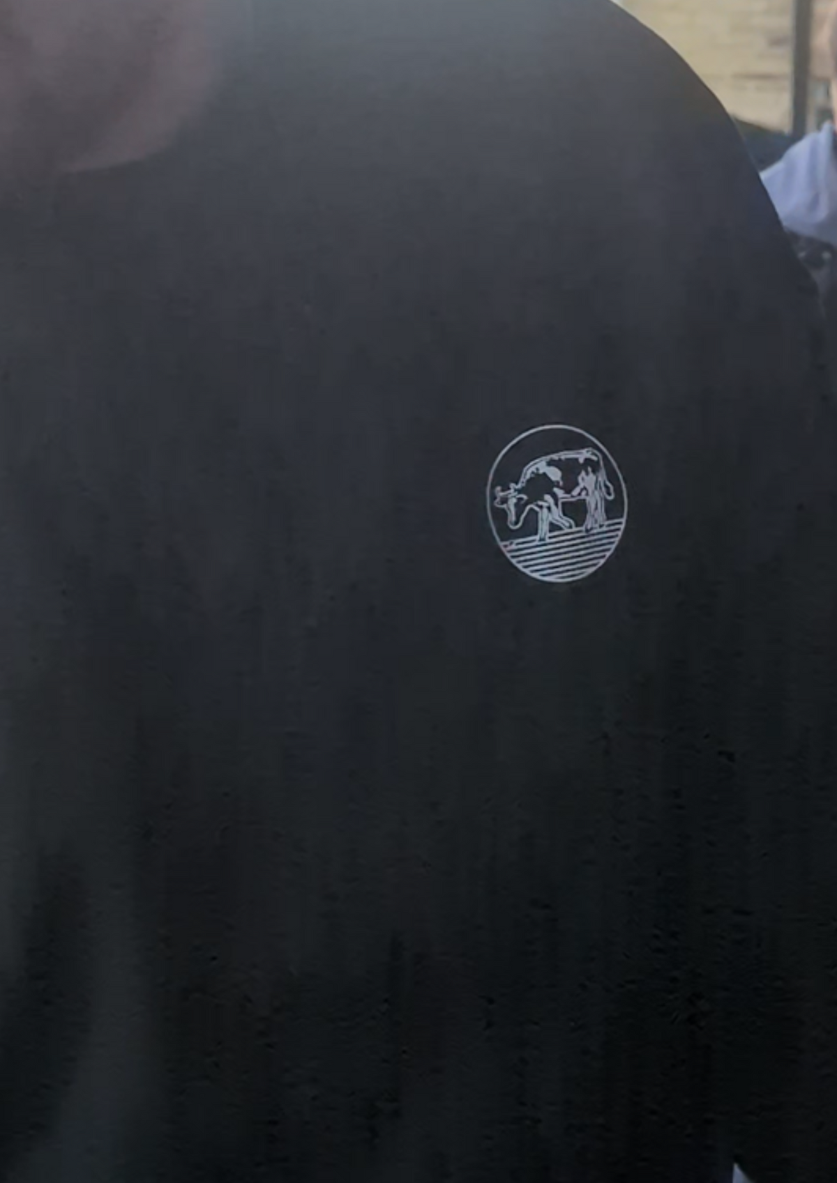 Close-up of the round cow badge on the chest of the Contours golf sweatshirt in Black, being worn