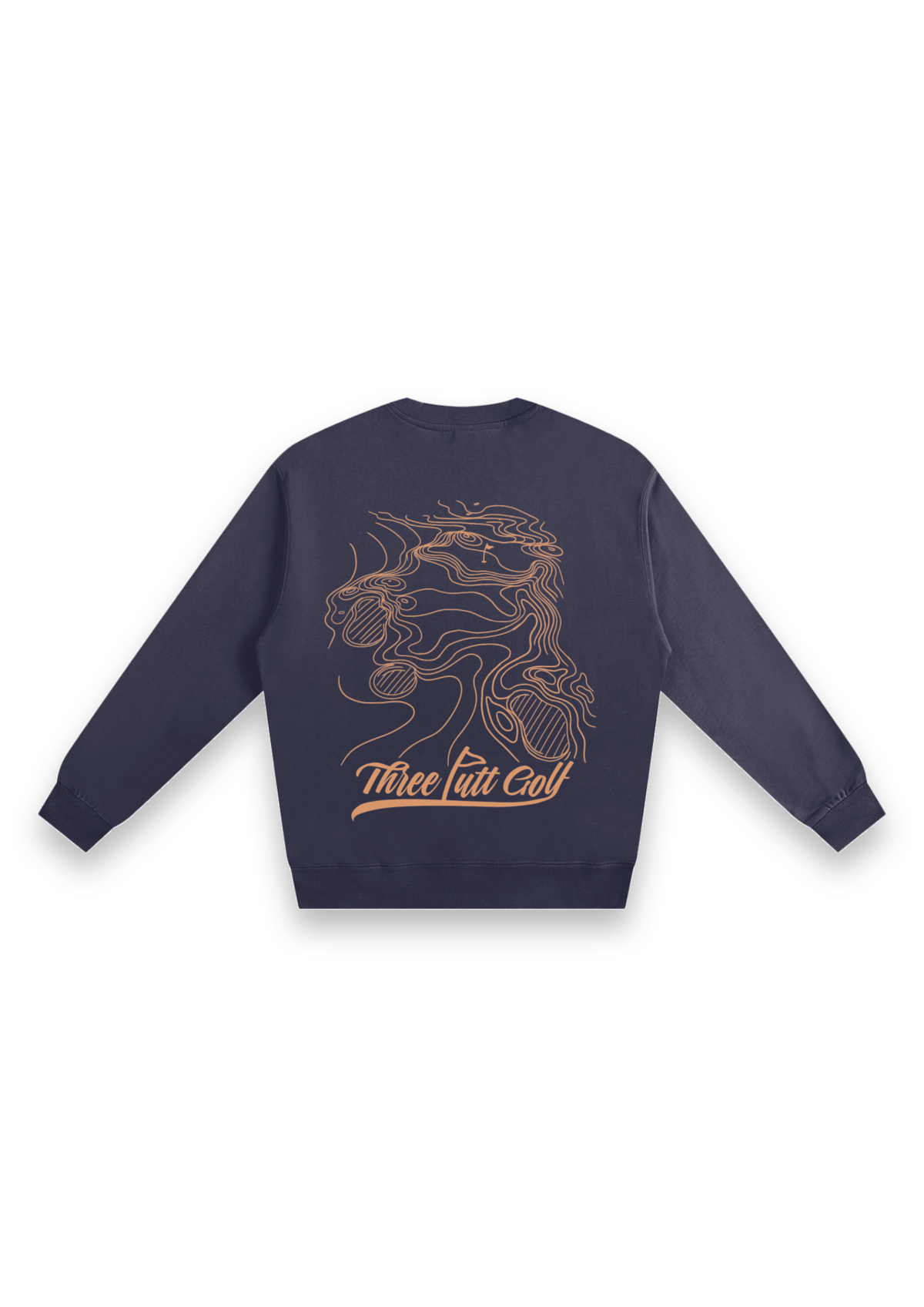 Contours golf sweatshirt in Navy, back view showing the topographic map print #Colour_Navy