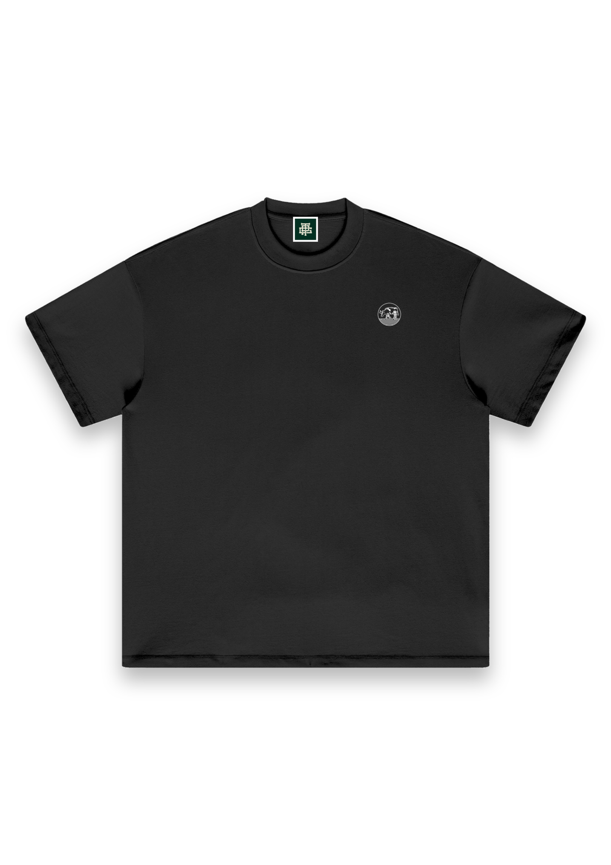 Contours golf T-shirt in Black, front view with the round cow badge on the chest #Colour_Black