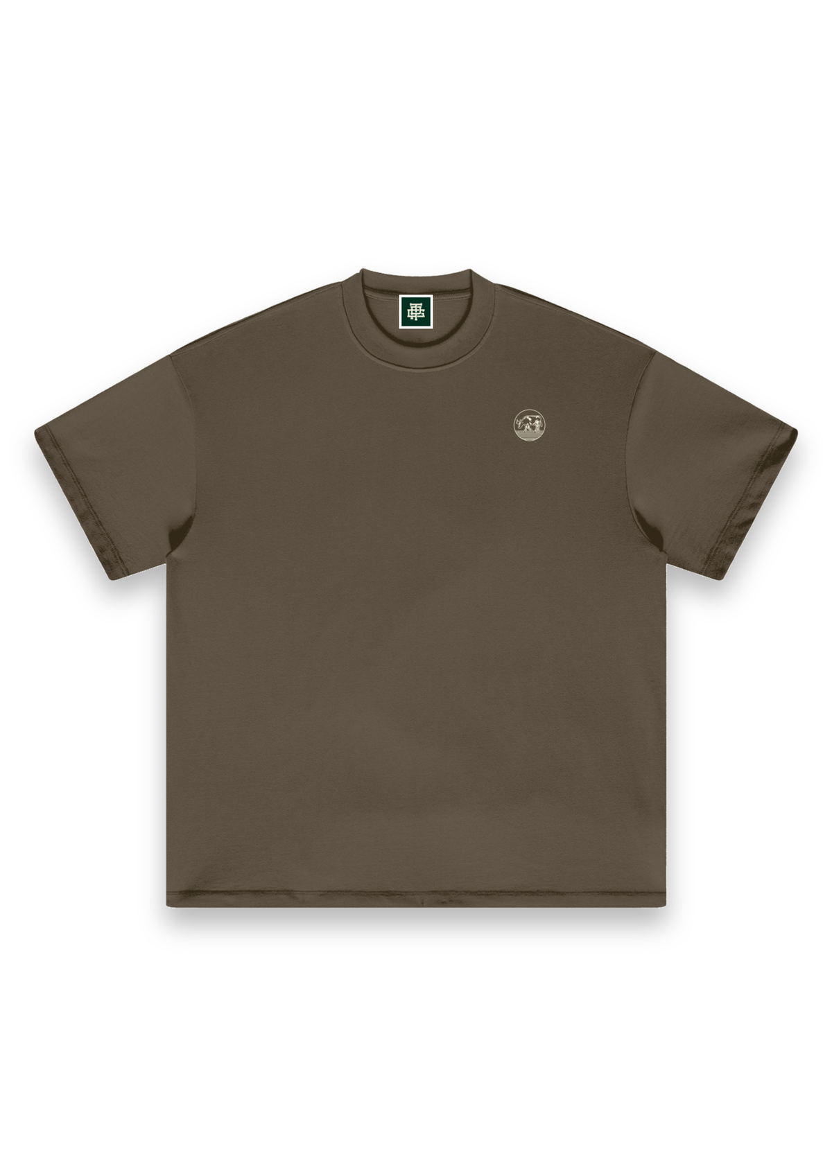 Contours golf T-shirt in Brown, front view with the round cow badge on the chest #Colour_Brown