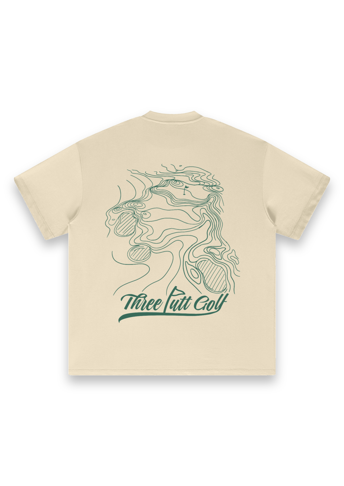 Contours golf T-shirt in Cream, back view showing the topographic map print #Colour_Cream