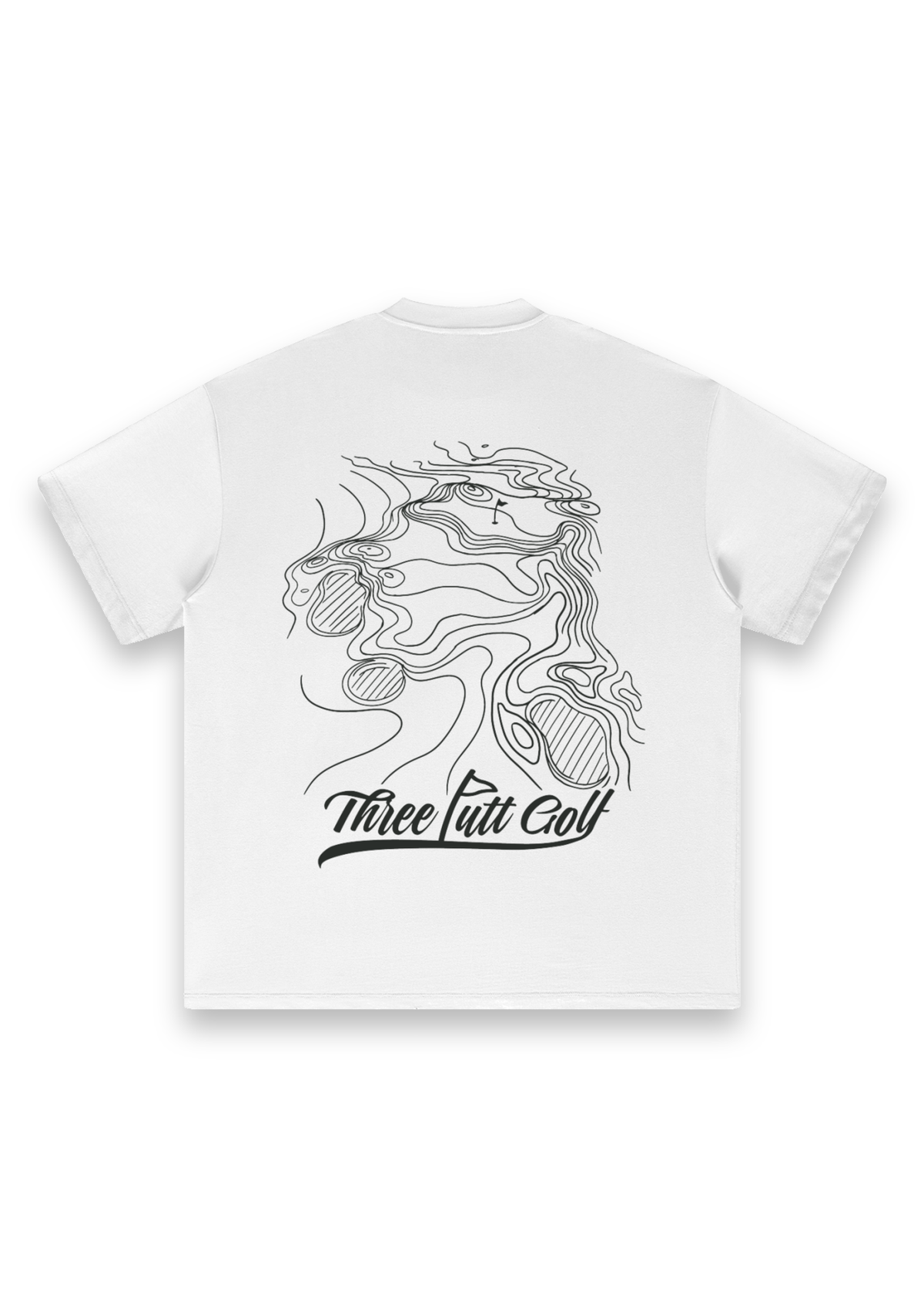 Contours golf T-shirt in White, back view showing the topographic map print #Colour_White