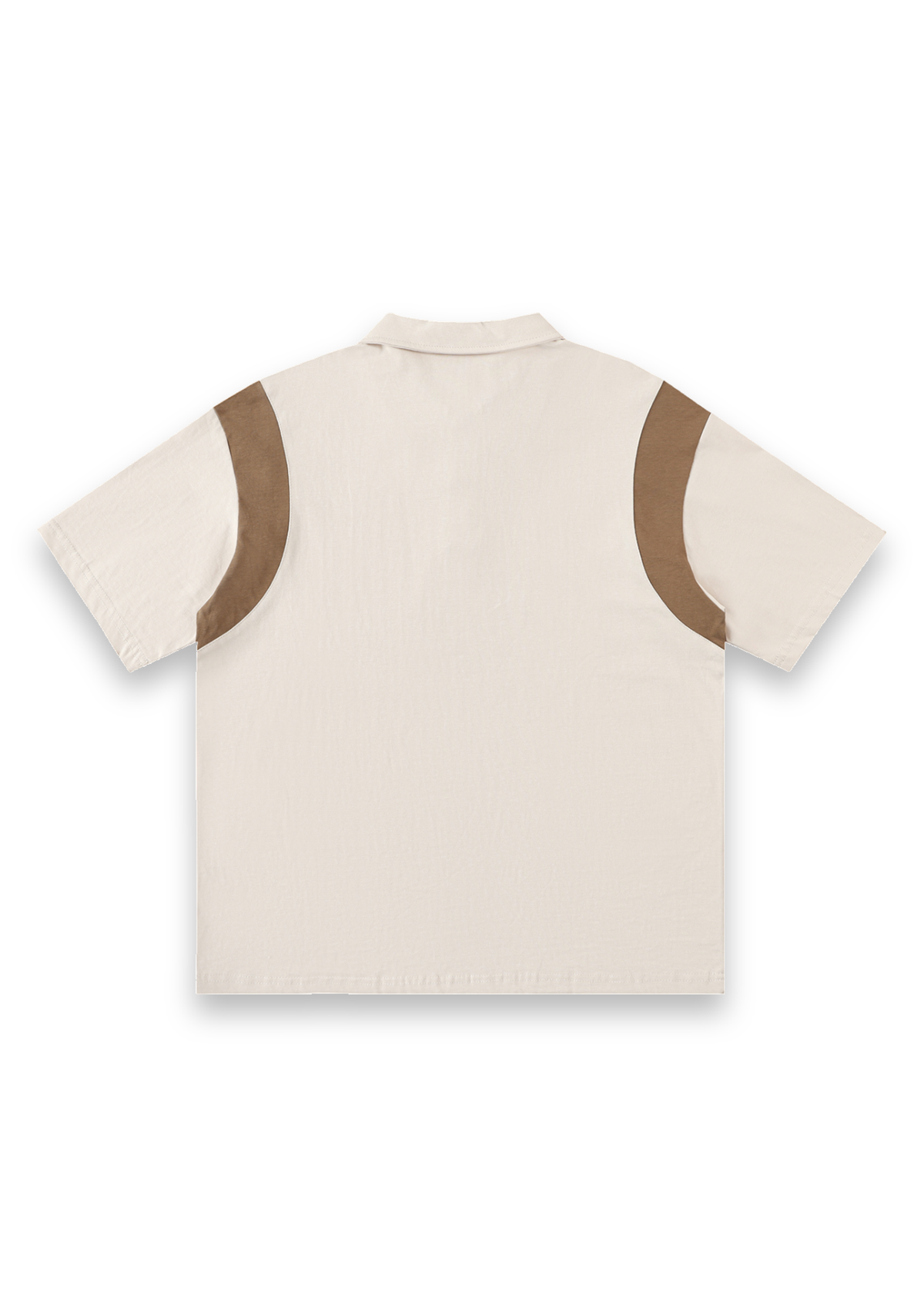 Dogleg cotton golf polo shirt in Off-White with Tan, back view showing the curved contrast panels across the back #Colour_Off-White with Tan
