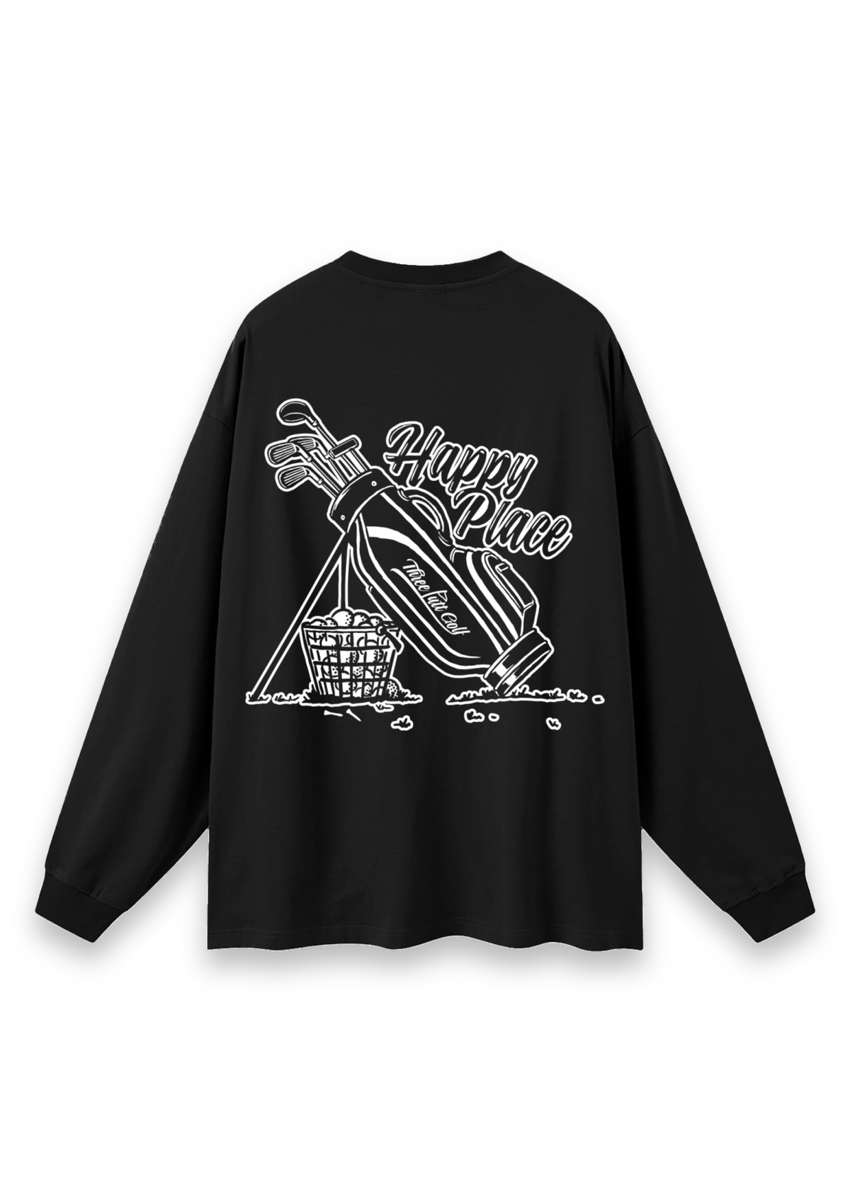 Happy Place golf long-sleeve tee in Black, back view showing the golf bag, range-ball basket and Happy Place script #Colour_Black