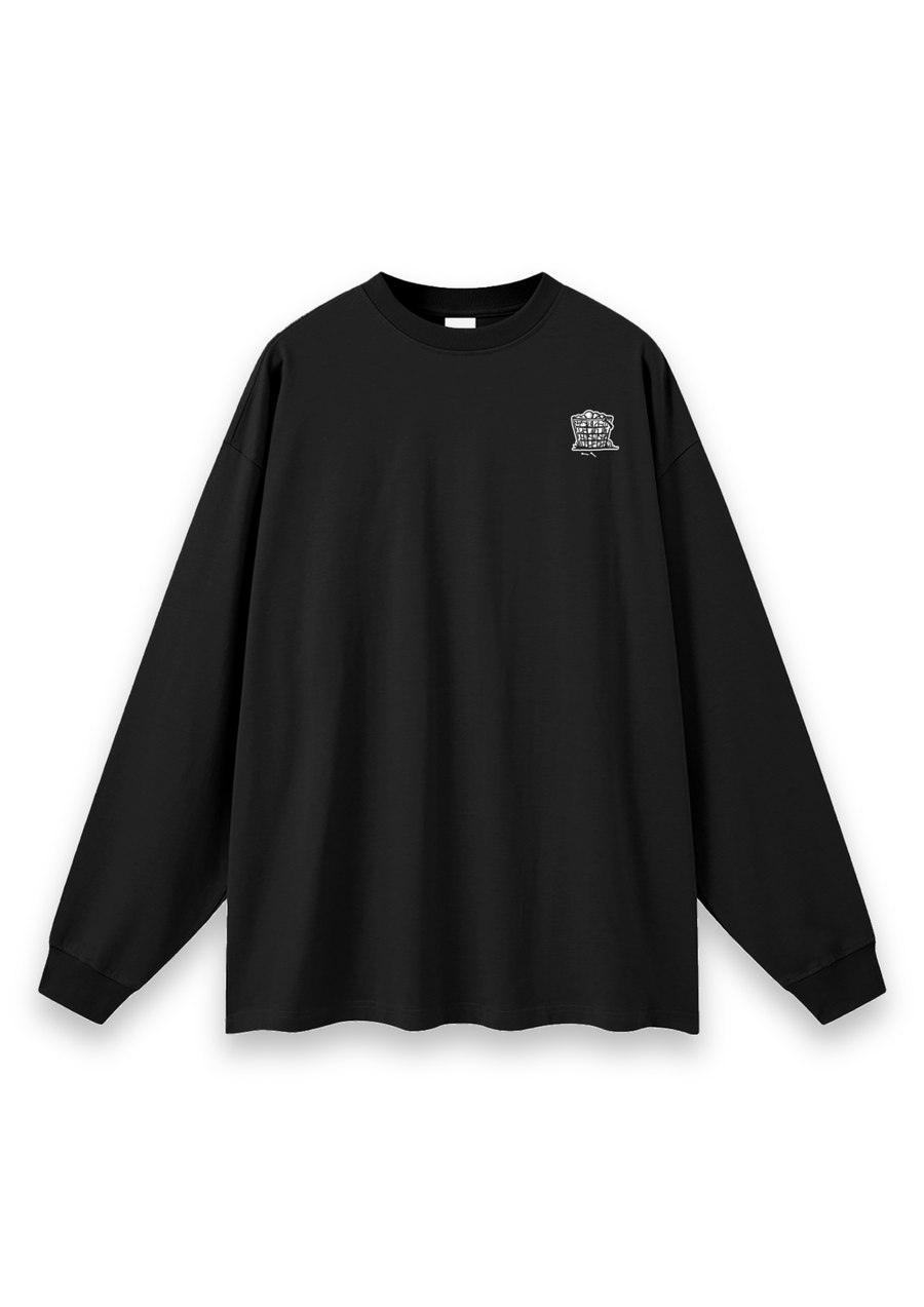 Happy Place golf long-sleeve tee in Black, front view with the range-ball basket on the chest