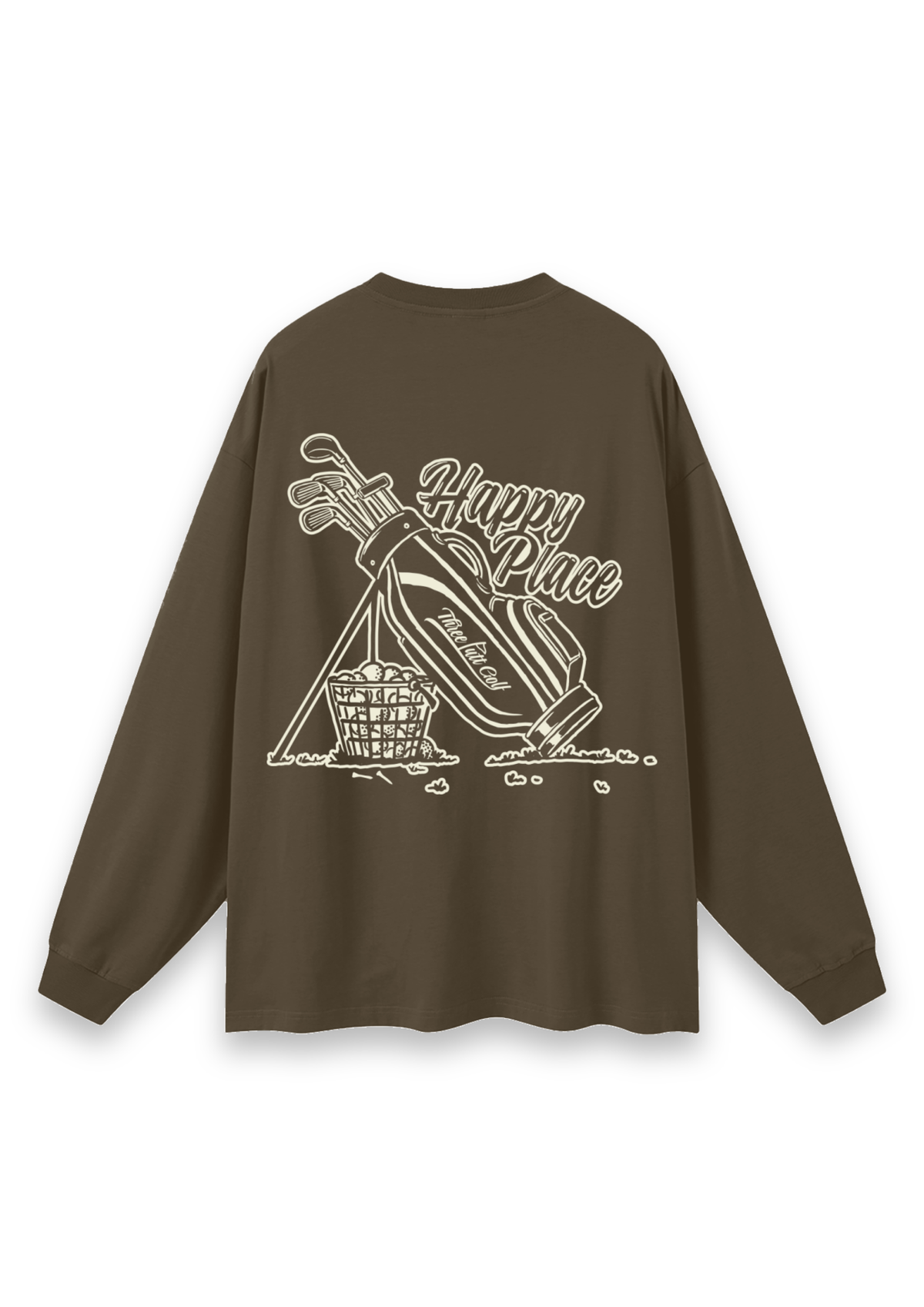 Happy Place golf long-sleeve tee in Brown, back view showing the golf bag, range-ball basket and Happy Place script #Colour_Brown