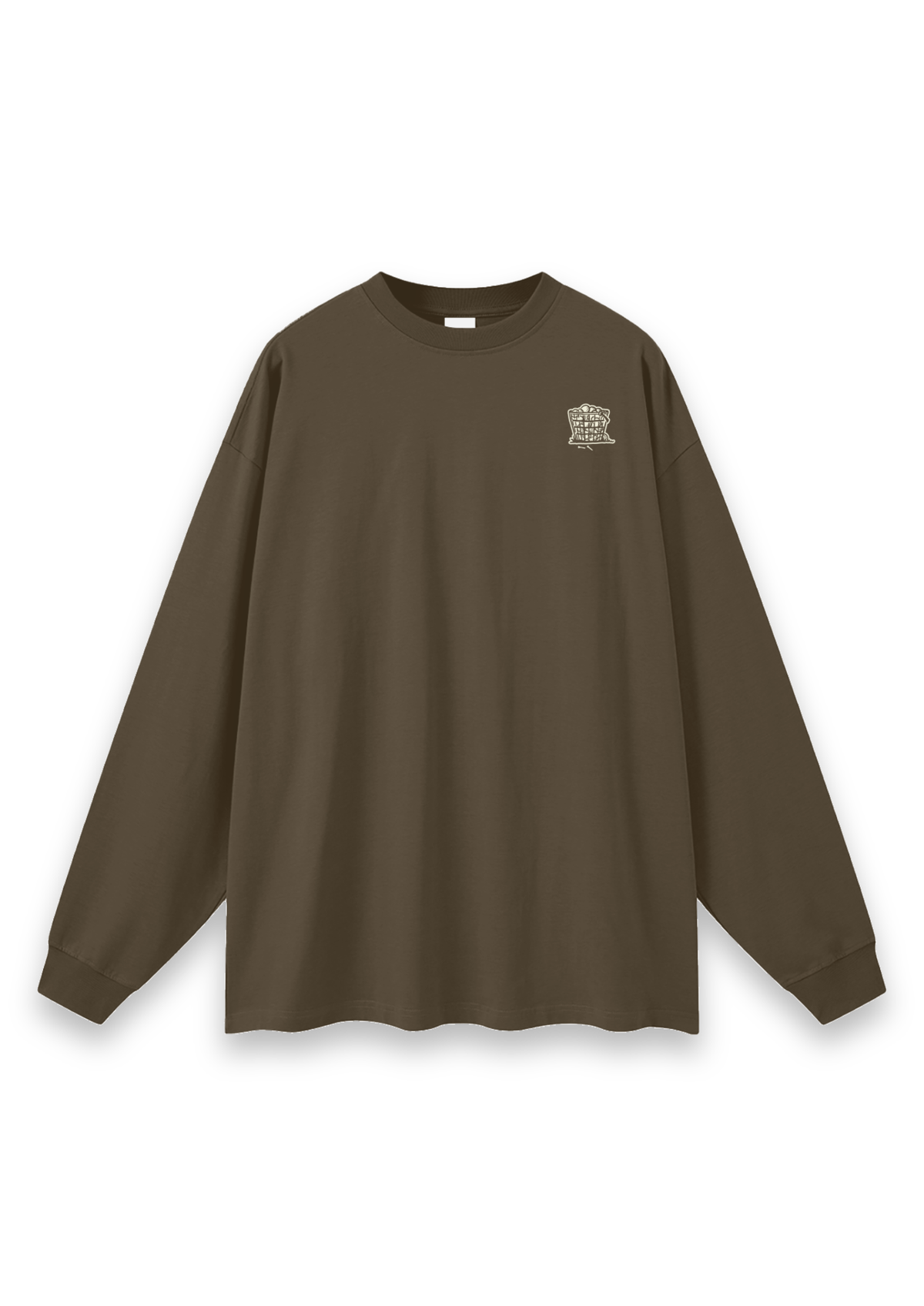 Happy Place golf long-sleeve tee in Brown, front view with the range-ball basket on the chest #Colour_Brown